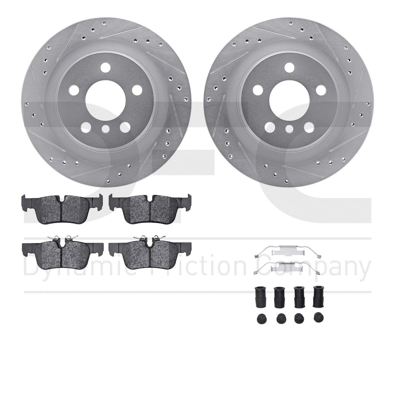 7512-31149 Drilled/Slotted Brake Rotors w/5000 Advanced Brake Pads Kit & Hardware [Silver], 2018-2018 BMW, Position: Rear