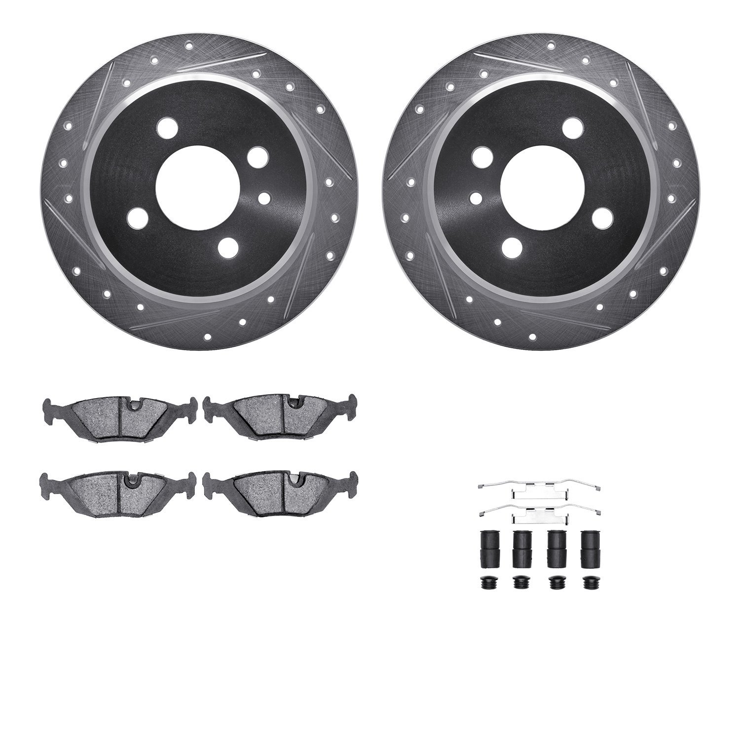 7512-31152 Drilled/Slotted Brake Rotors w/5000 Advanced Brake Pads Kit & Hardware [Silver], 1988-1990 BMW, Position: Rear