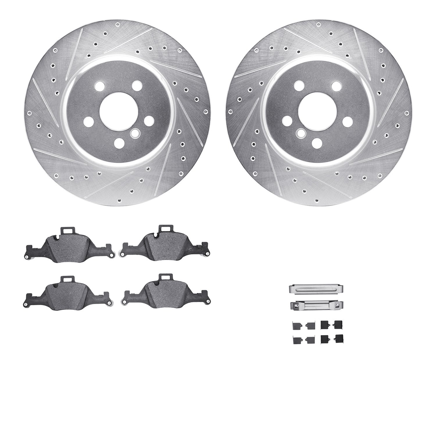 7512-31157 Drilled/Slotted Brake Rotors w/5000 Advanced Brake Pads Kit & Hardware [Silver], Fits Select BMW, Position: Front