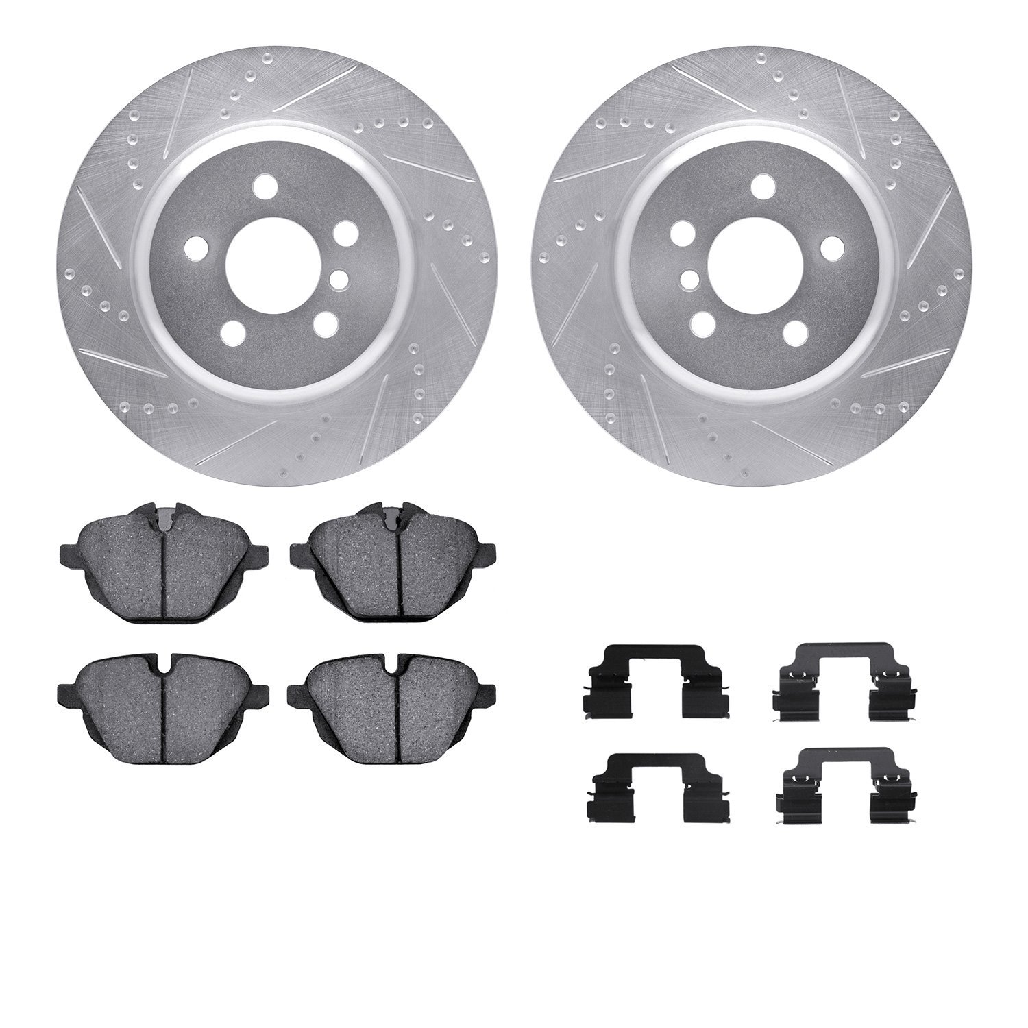 7512-31158 Drilled/Slotted Brake Rotors w/5000 Advanced Brake Pads Kit & Hardware [Silver], Fits Select BMW, Position: Rear