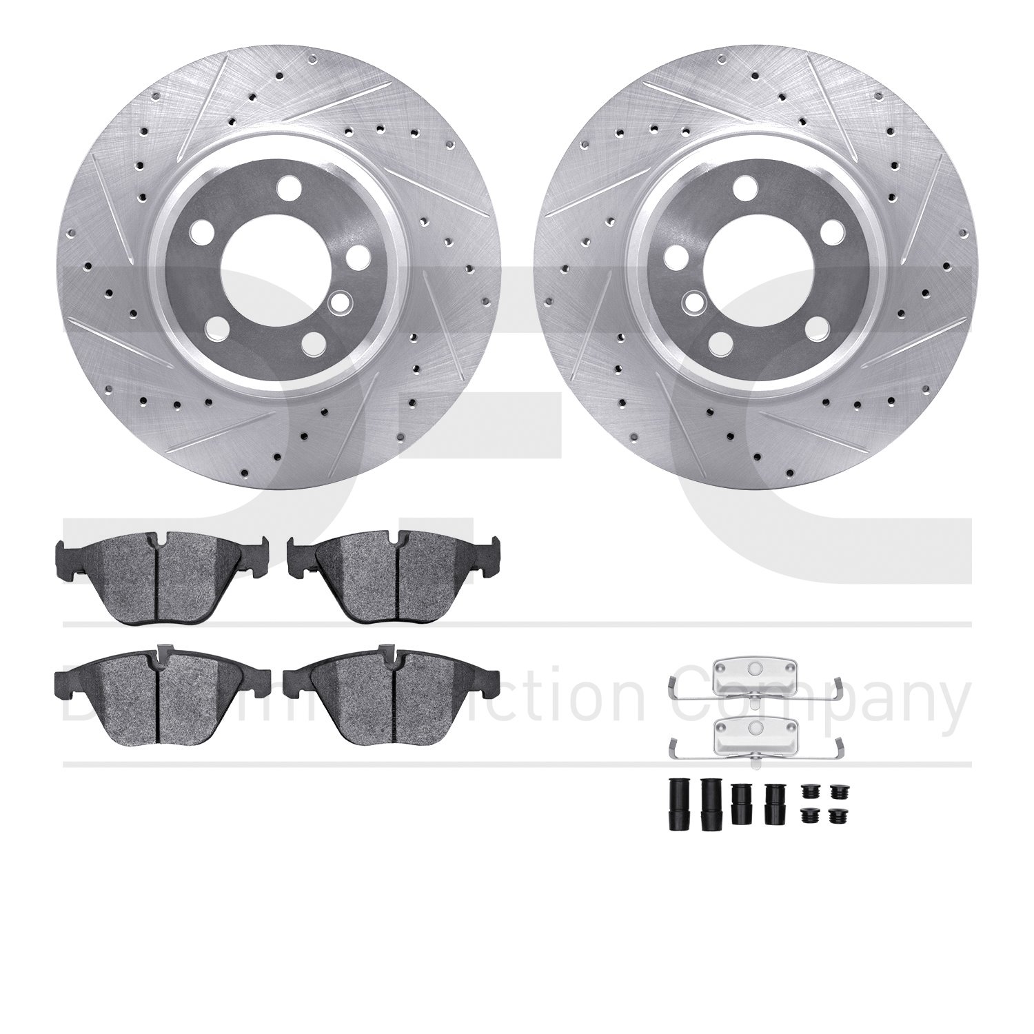 7512-31358 Drilled/Slotted Brake Rotors w/5000 Advanced Brake Pads Kit & Hardware [Silver], 2002-2008 BMW, Position: Front