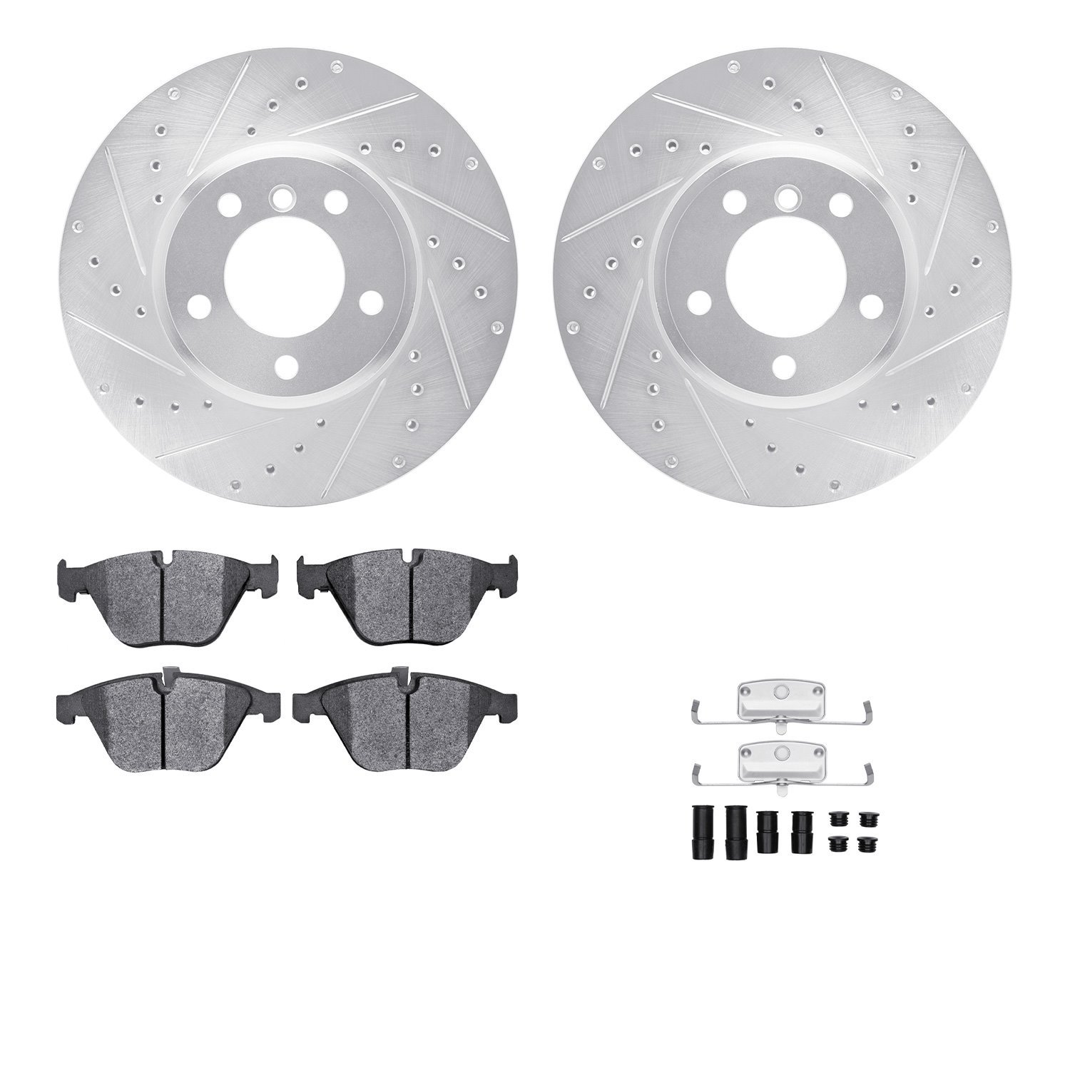 7512-31379 Drilled/Slotted Brake Rotors w/5000 Advanced Brake Pads Kit & Hardware [Silver], 2004-2010 BMW, Position: Front