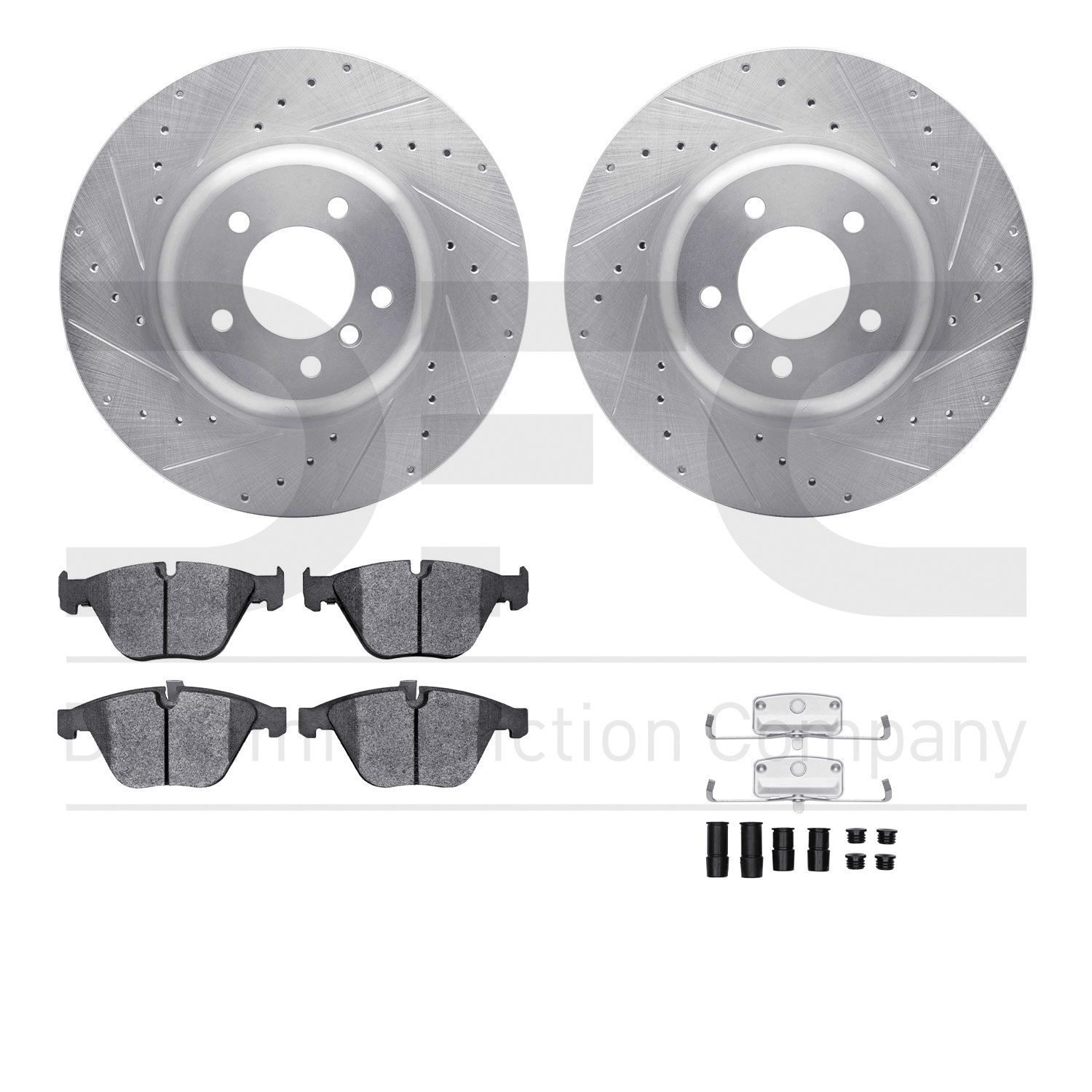 7512-31388 Drilled/Slotted Brake Rotors w/5000 Advanced Brake Pads Kit & Hardware [Silver], 2004-2010 BMW, Position: Front