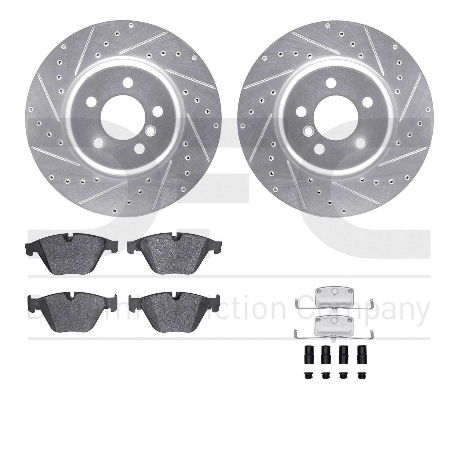 7512-31504 Drilled/Slotted Brake Rotors w/5000 Advanced Brake Pads Kit & Hardware [Silver], 2011-2018 BMW, Position: Front