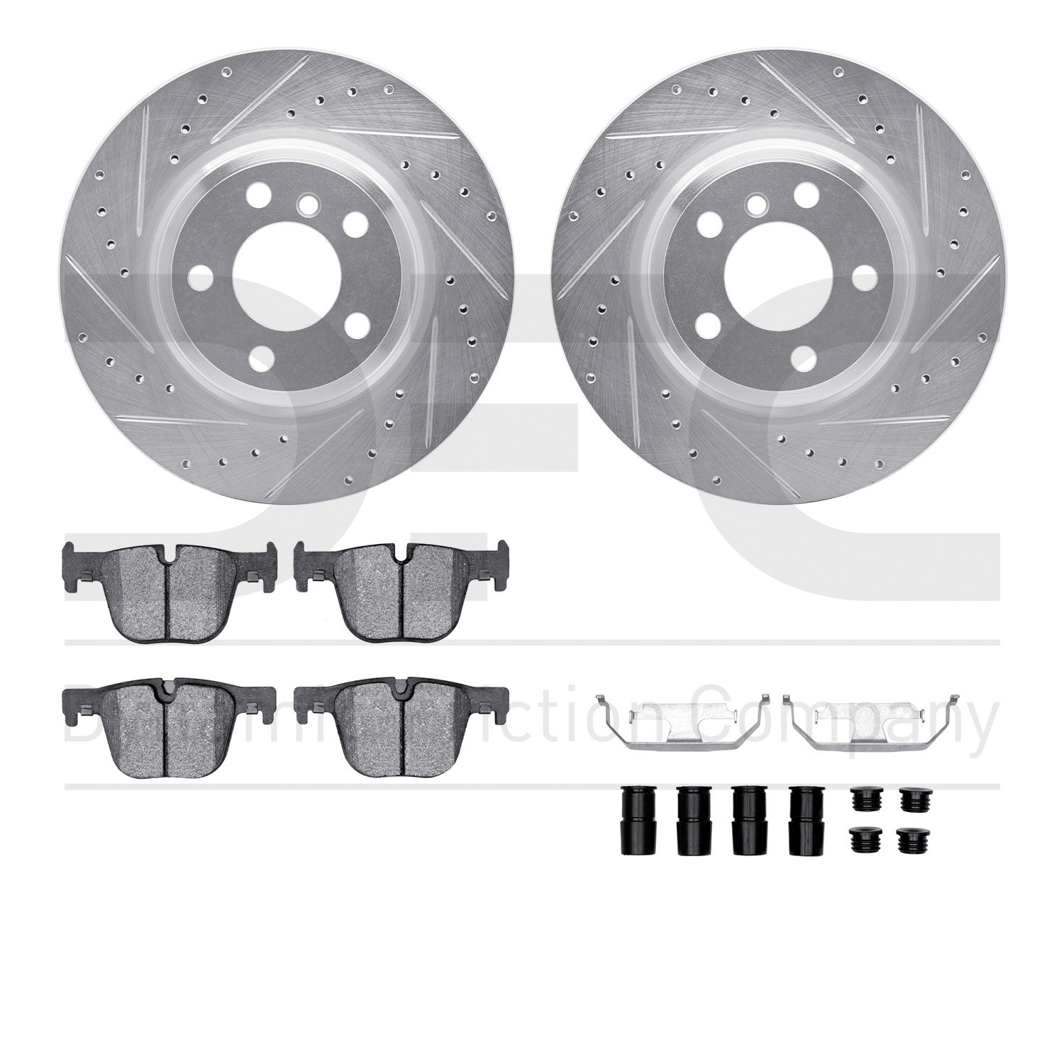 7512-31566 Drilled/Slotted Brake Rotors w/5000 Advanced Brake Pads Kit & Hardware [Silver], 2012-2020 BMW, Position: Rear
