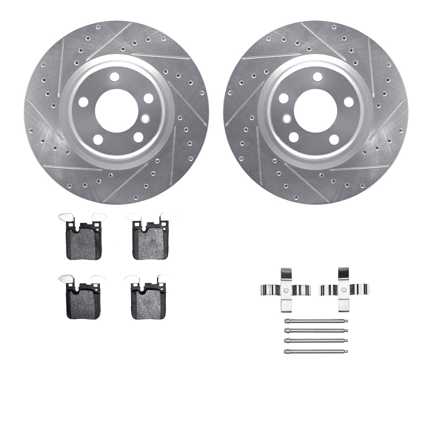 7512-31587 Drilled/Slotted Brake Rotors w/5000 Advanced Brake Pads Kit & Hardware [Silver], 2012-2020 BMW, Position: Rear