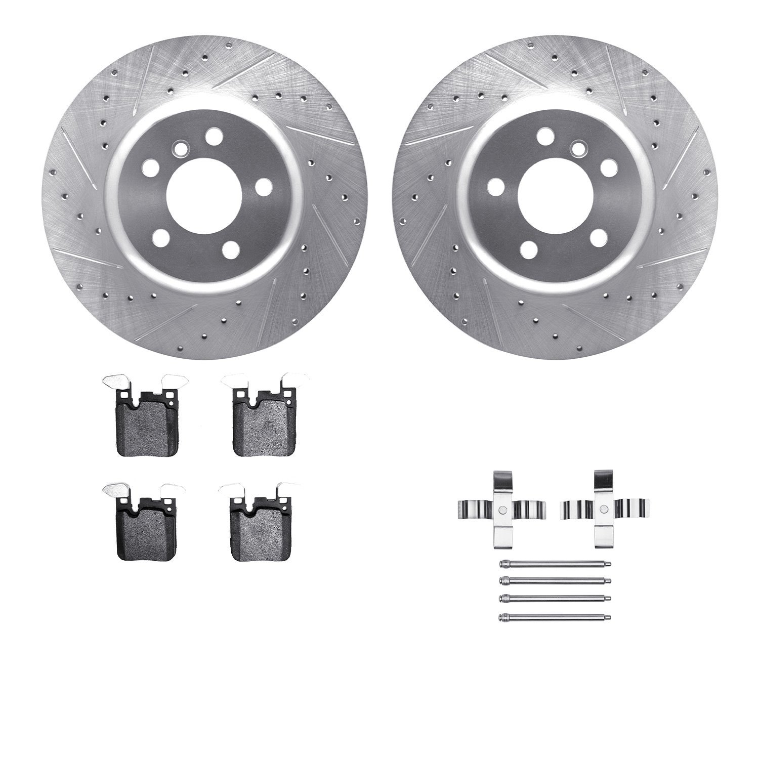 7512-31590 Drilled/Slotted Brake Rotors w/5000 Advanced Brake Pads Kit & Hardware [Silver], 2013-2021 BMW, Position: Rear