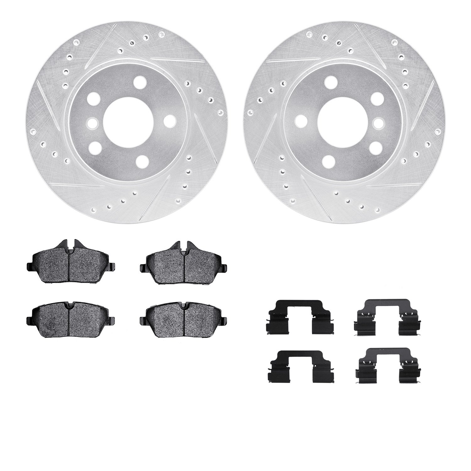 7512-31608 Drilled/Slotted Brake Rotors w/5000 Advanced Brake Pads Kit & Hardware [Silver], 2014-2021 BMW, Position: Front