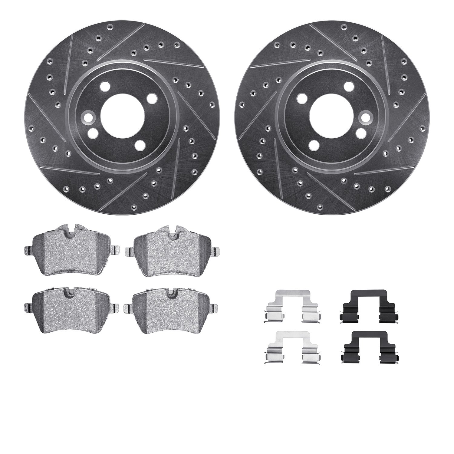 7512-32000 Drilled/Slotted Brake Rotors w/5000 Advanced Brake Pads Kit & Hardware [Silver], 2002-2006 Mini, Position: Front