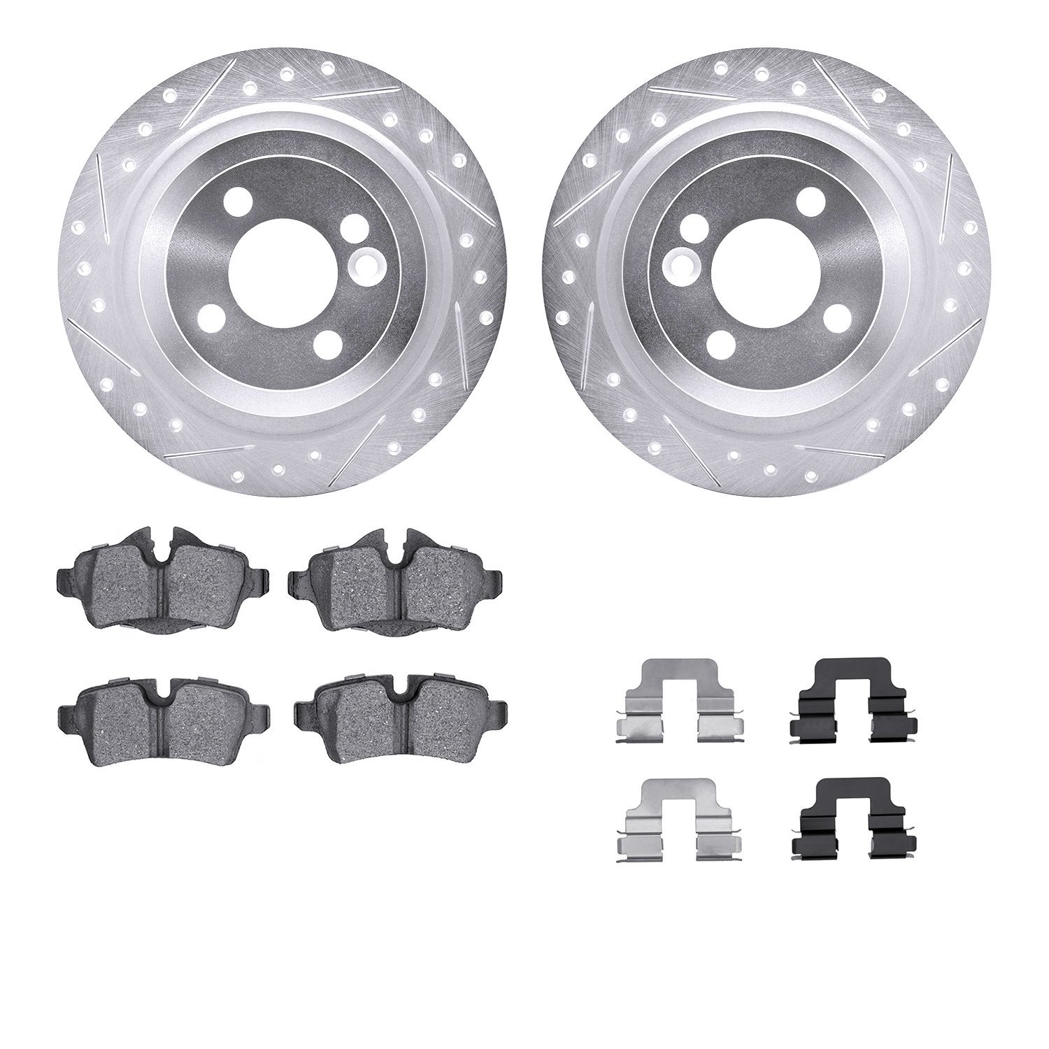 7512-32008 Drilled/Slotted Brake Rotors w/5000 Advanced Brake Pads Kit & Hardware [Silver], 2009-2014 Mini, Position: Rear