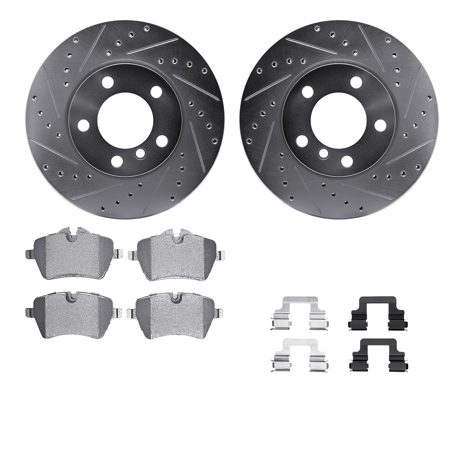 7512-32009 Drilled/Slotted Brake Rotors w/5000 Advanced Brake Pads Kit & Hardware [Silver], 2013-2016 Mini, Position: Front