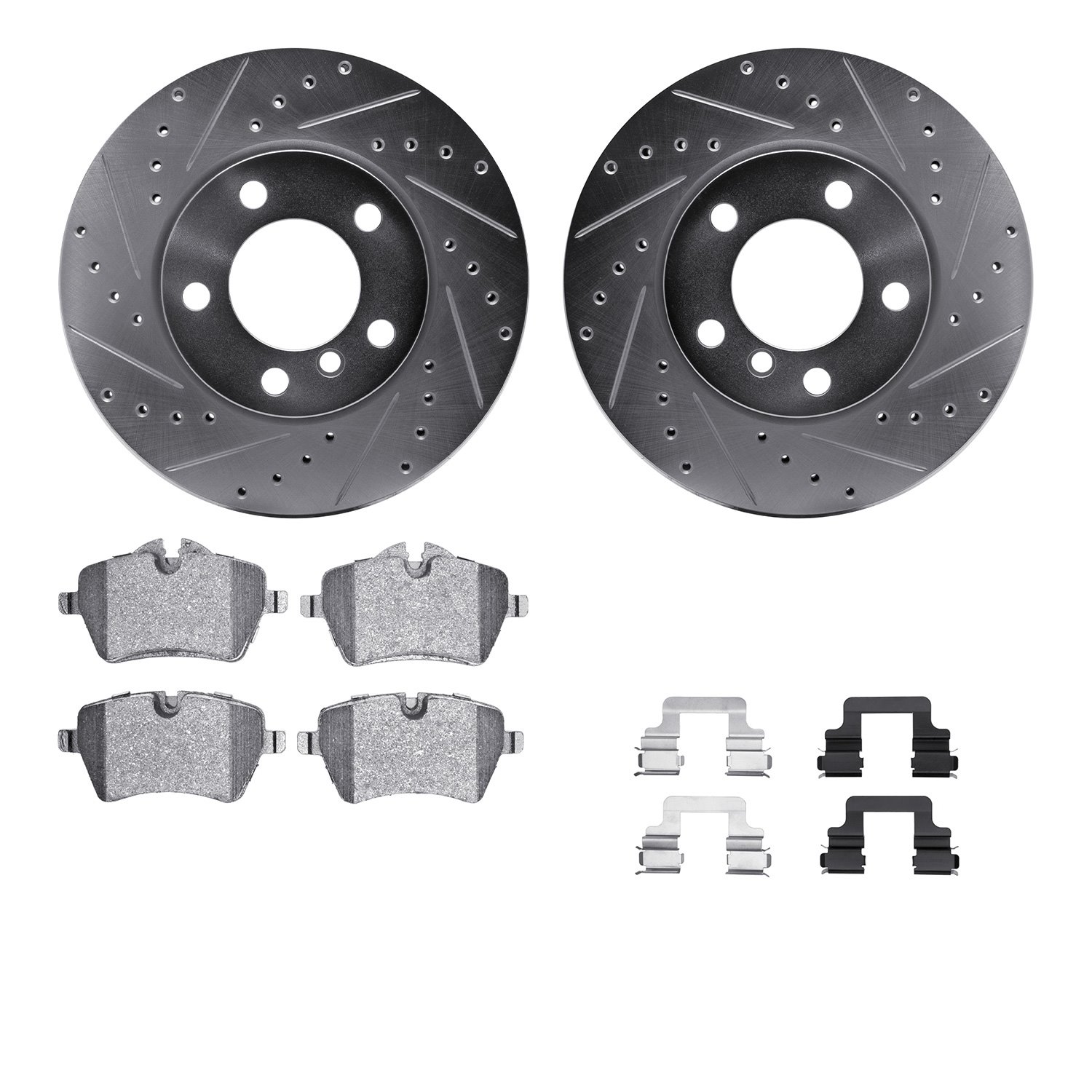 7512-32010 Drilled/Slotted Brake Rotors w/5000 Advanced Brake Pads Kit & Hardware [Silver], 2011-2012 Mini, Position: Front