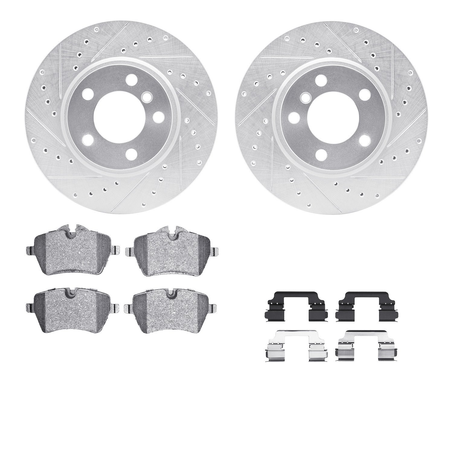 7512-32012 Drilled/Slotted Brake Rotors w/5000 Advanced Brake Pads Kit & Hardware [Silver], 2013-2016 Mini, Position: Front