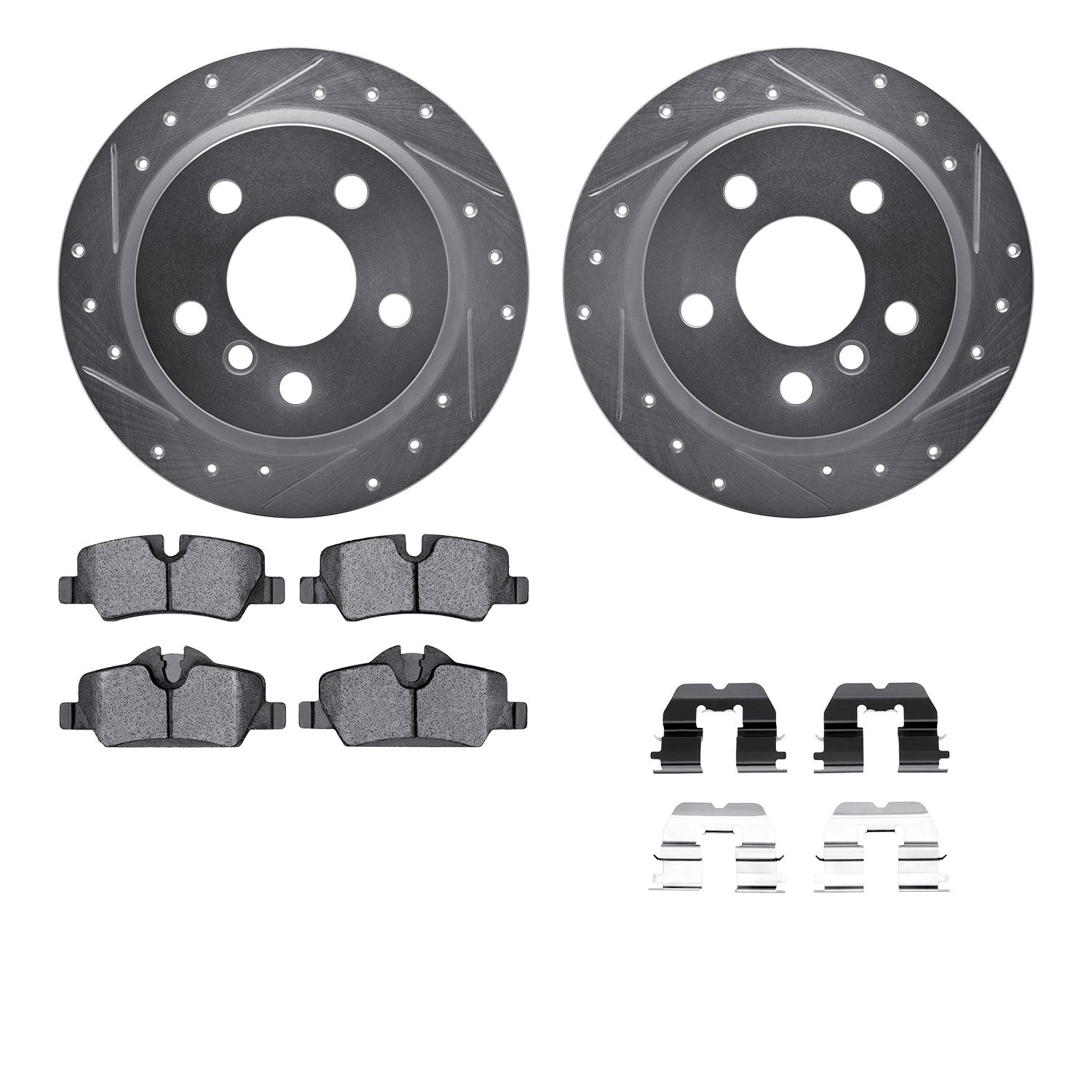 7512-32015 Drilled/Slotted Brake Rotors w/5000 Advanced Brake Pads Kit & Hardware [Silver], Fits Select Mini, Position: Rear