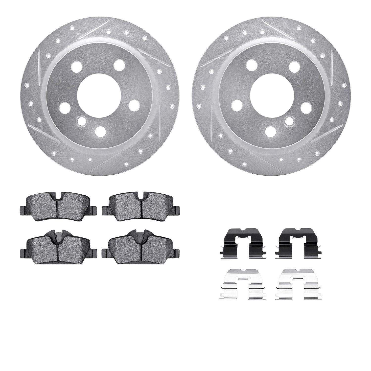 7512-32016 Drilled/Slotted Brake Rotors w/5000 Advanced Brake Pads Kit & Hardware [Silver], Fits Select Mini, Position: Rear