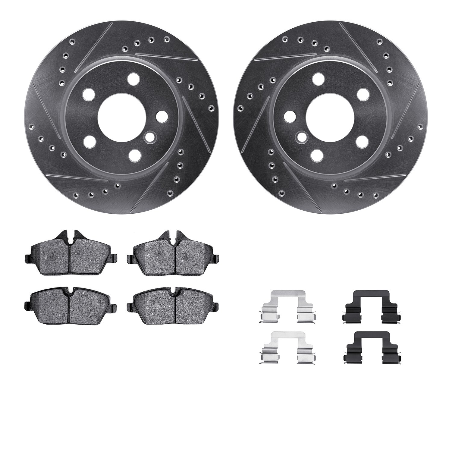 7512-32020 Drilled/Slotted Brake Rotors w/5000 Advanced Brake Pads Kit & Hardware [Silver], Fits Select Mini, Position: Front