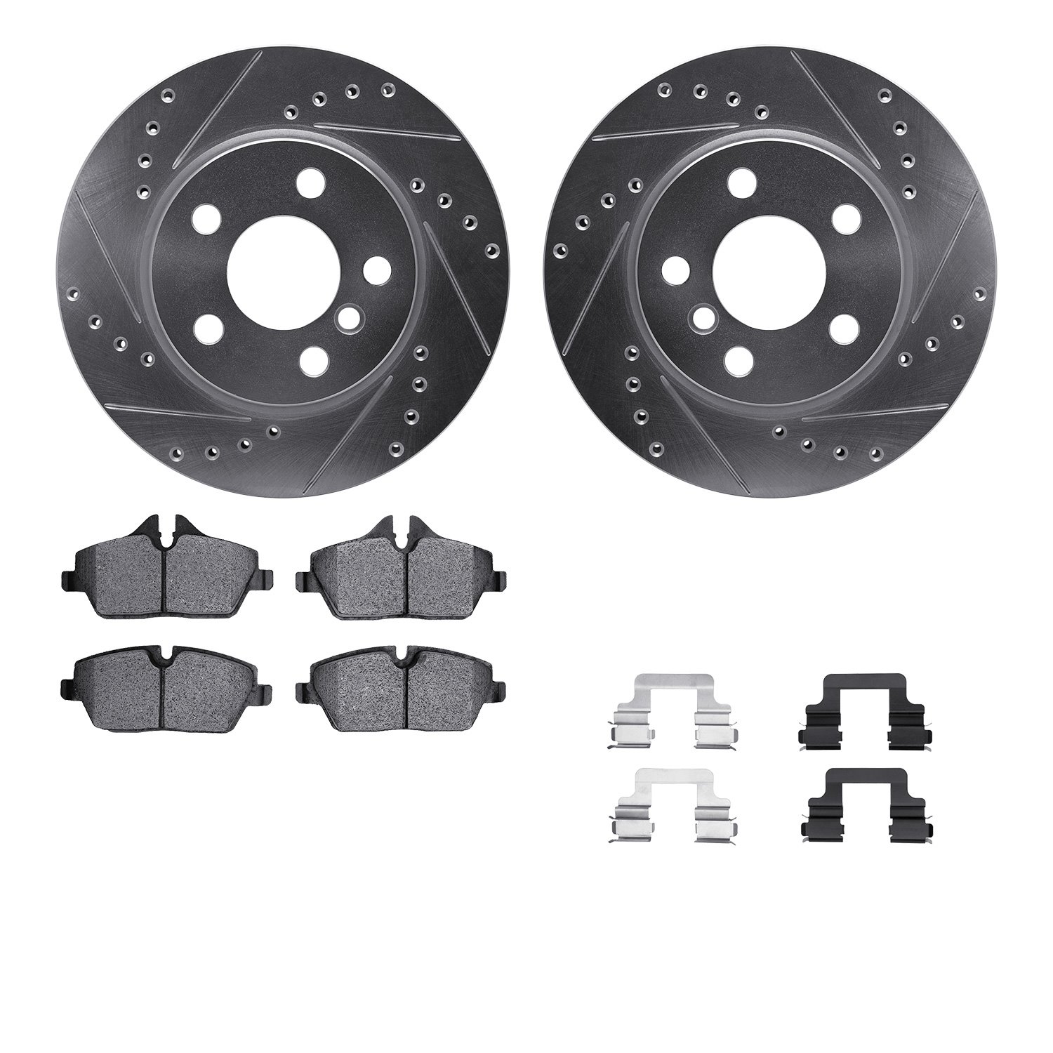 7512-32021 Drilled/Slotted Brake Rotors w/5000 Advanced Brake Pads Kit & Hardware [Silver], 2014-2019 Mini, Position: Front