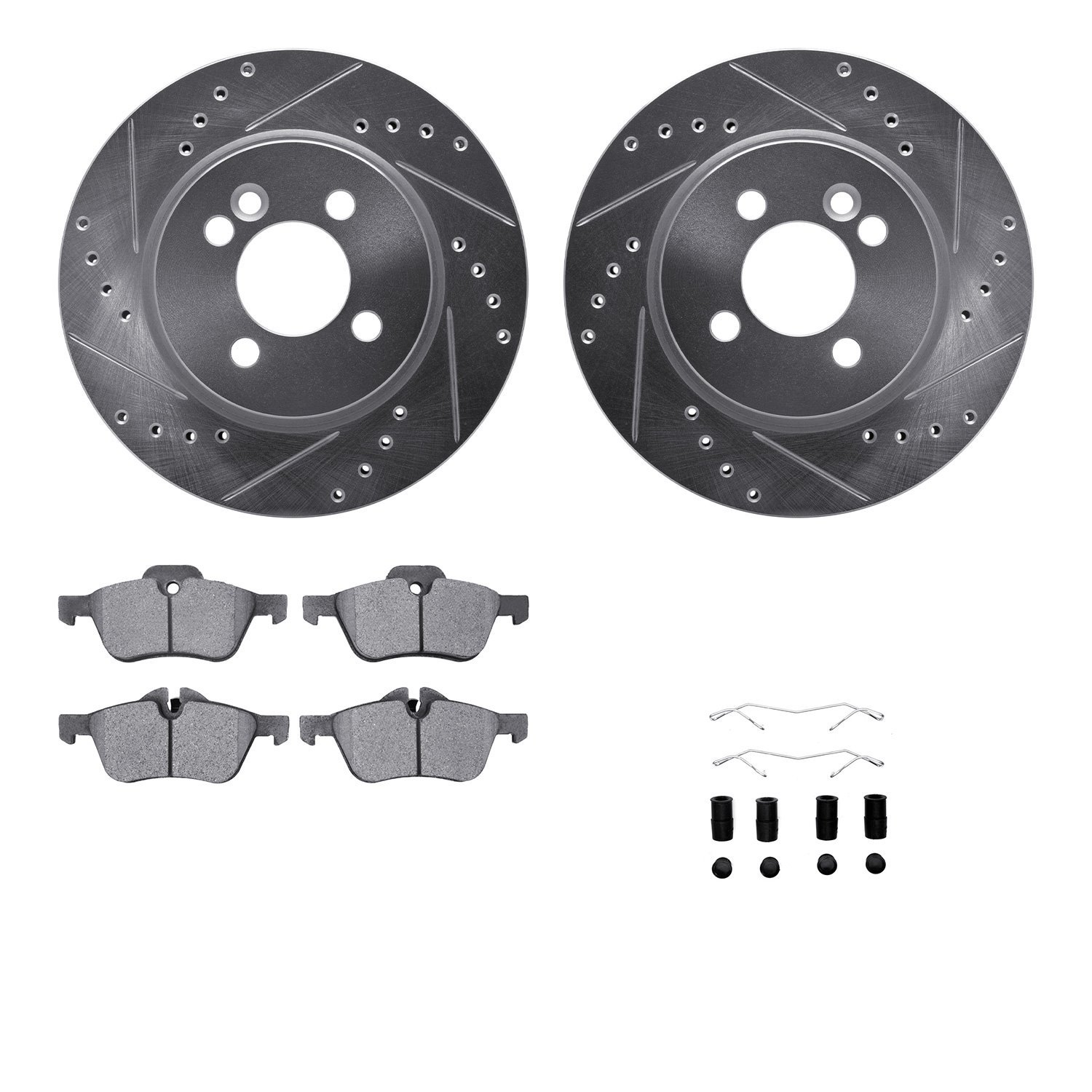 7512-32043 Drilled/Slotted Brake Rotors w/5000 Advanced Brake Pads Kit & Hardware [Silver], 2002-2008 Mini, Position: Front