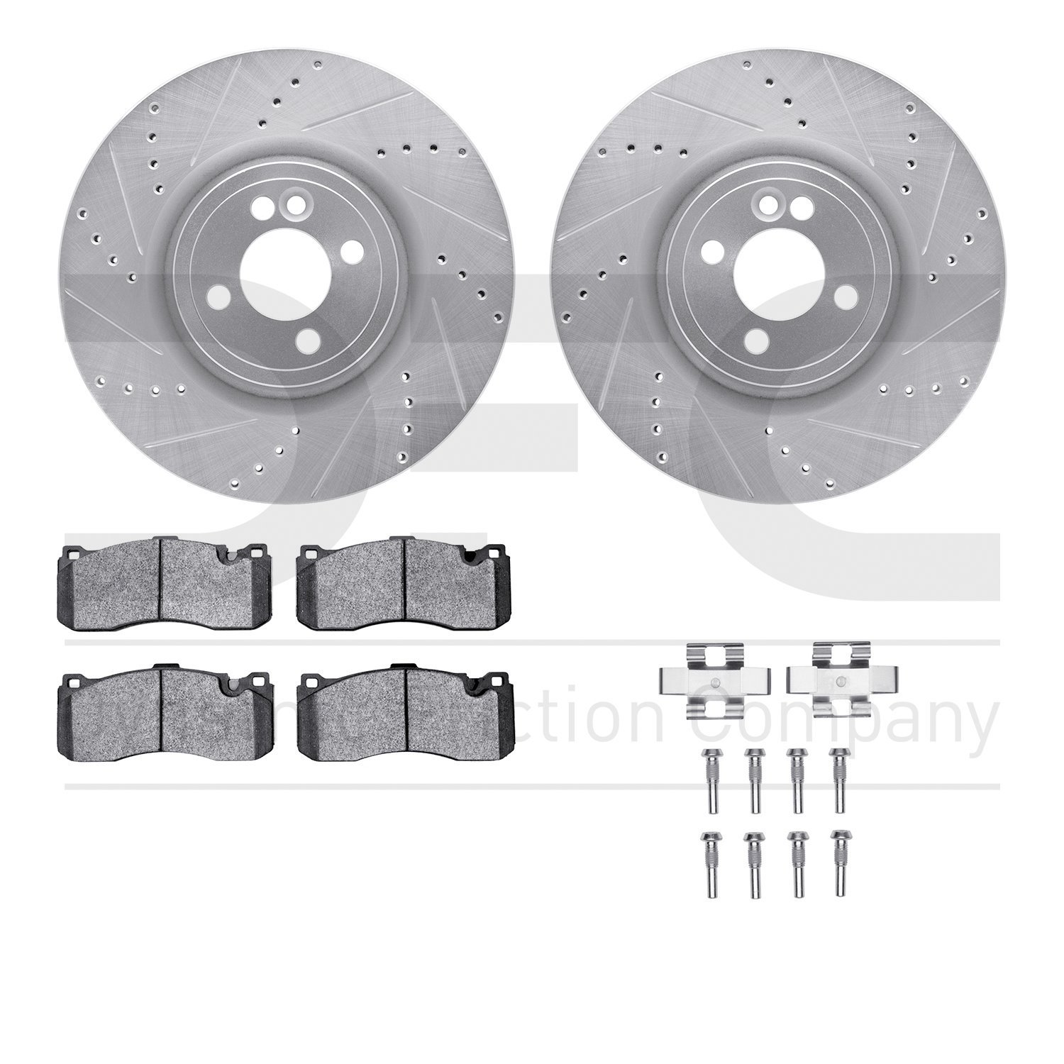 7512-32089 Drilled/Slotted Brake Rotors w/5000 Advanced Brake Pads Kit & Hardware [Silver], 2013-2013 Mini, Position: Front