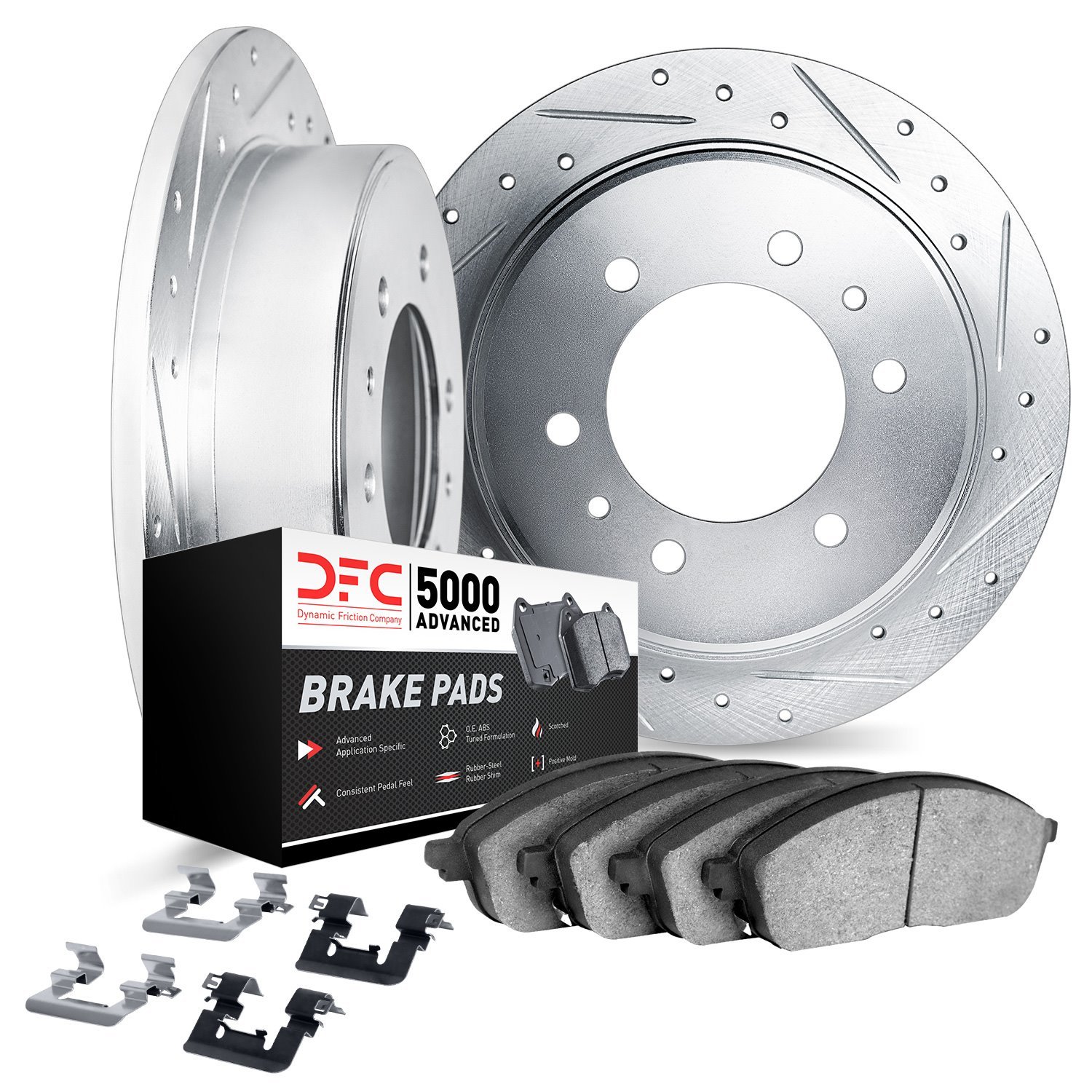 7512-37001 Drilled/Slotted Brake Rotors w/5000 Advanced Brake Pads Kit & Hardware [Silver], 1978-1980 GM, Position: Front