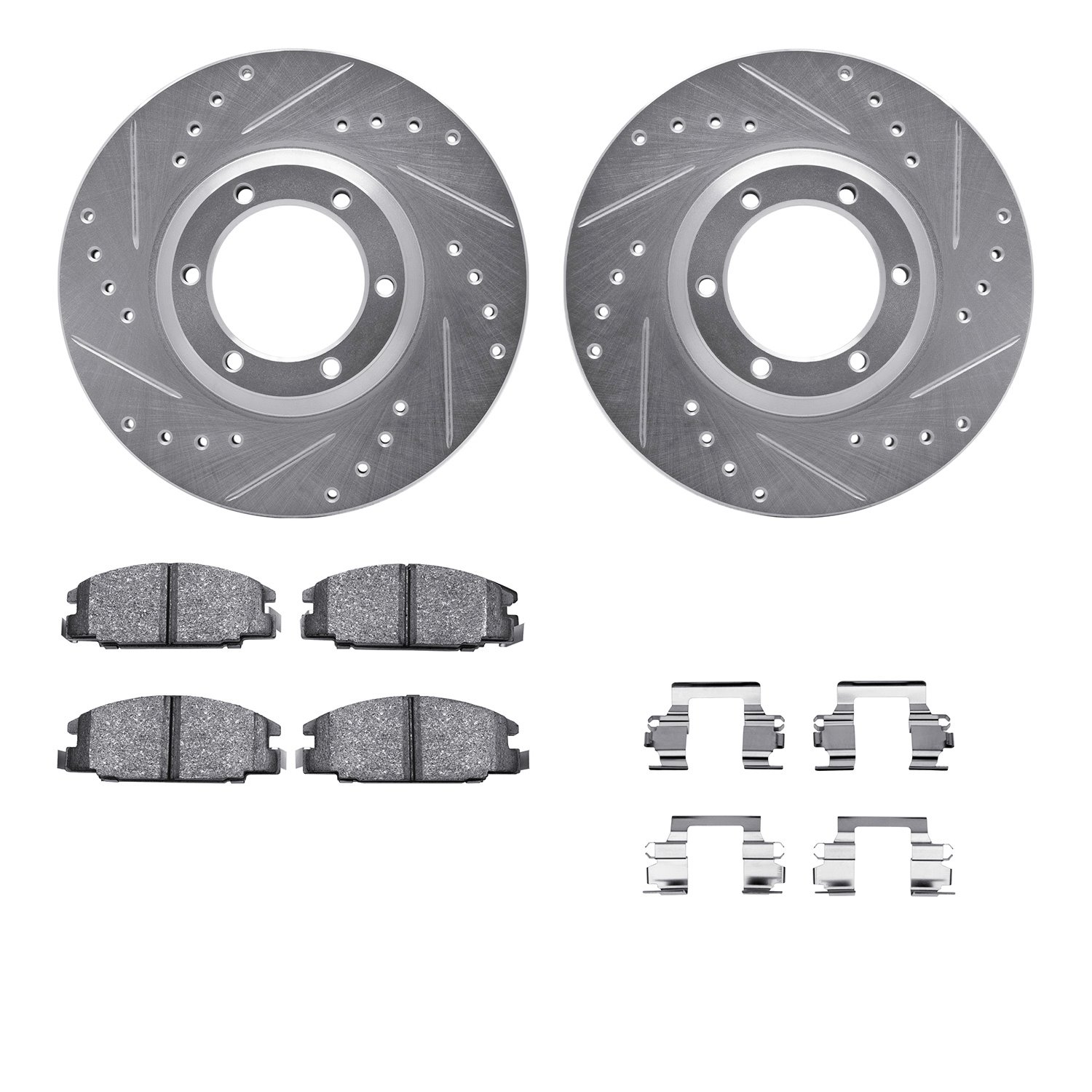7512-37006 Drilled/Slotted Brake Rotors w/5000 Advanced Brake Pads Kit & Hardware [Silver], 1986-1986 GM, Position: Front