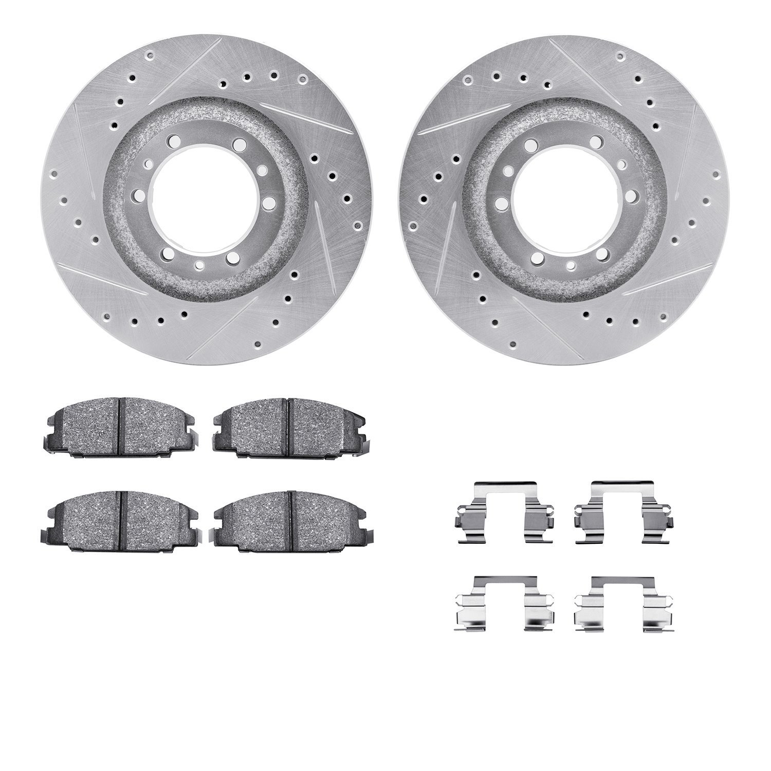 7512-37008 Drilled/Slotted Brake Rotors w/5000 Advanced Brake Pads Kit & Hardware [Silver], 1995-1995 GM, Position: Front