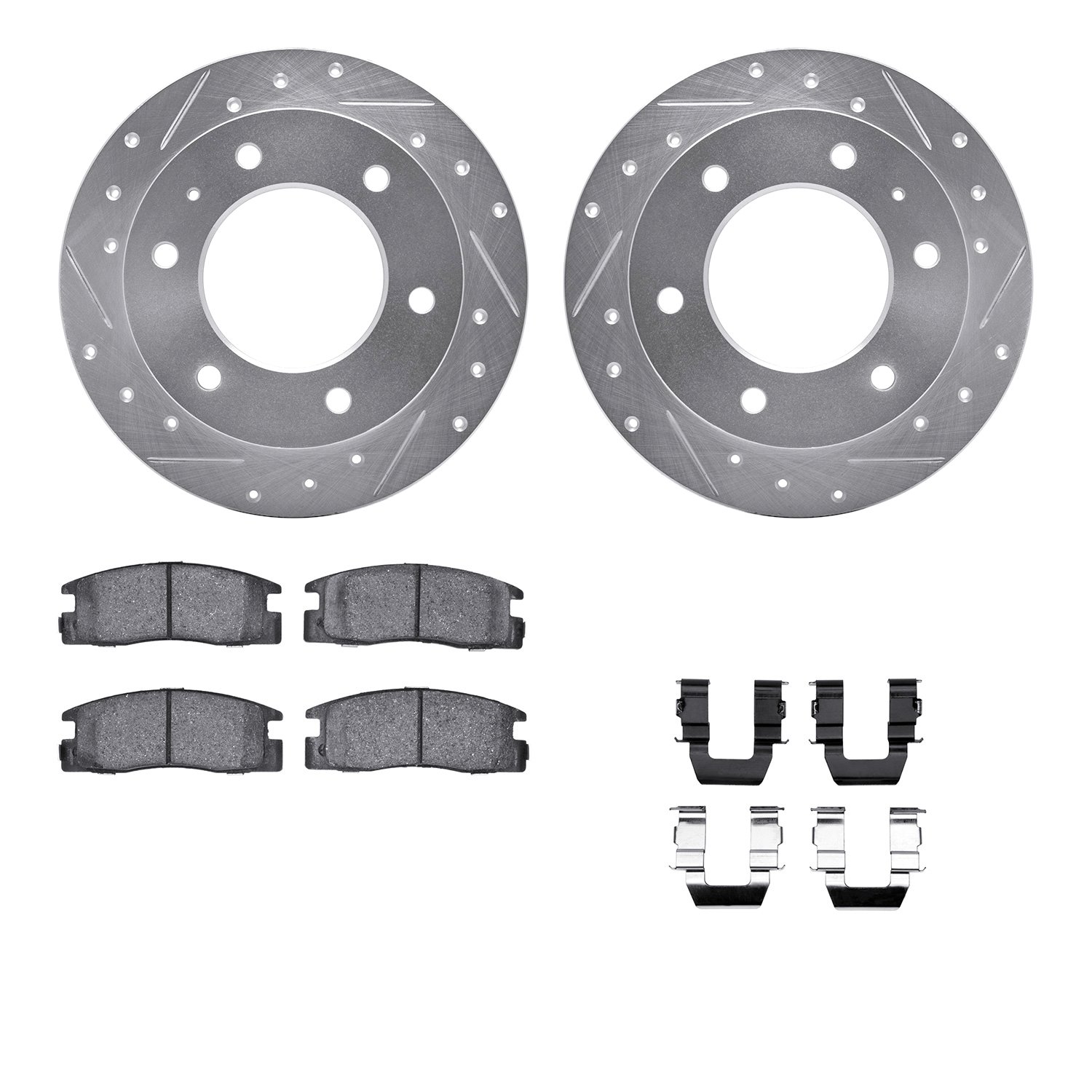 7512-37009 Drilled/Slotted Brake Rotors w/5000 Advanced Brake Pads Kit & Hardware [Silver], 1988-1995 GM, Position: Rear