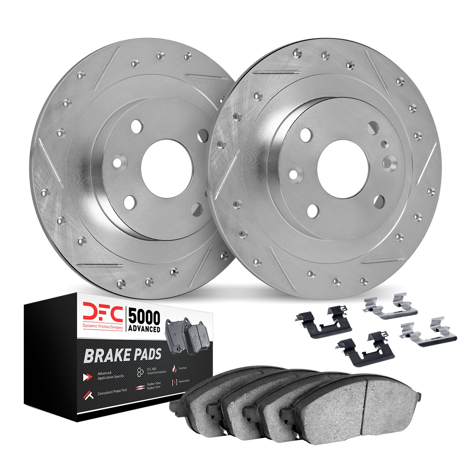 7512-37010 Drilled/Slotted Brake Rotors w/5000 Advanced Brake Pads Kit & Hardware [Silver], 1991-1993 GM, Position: Rear