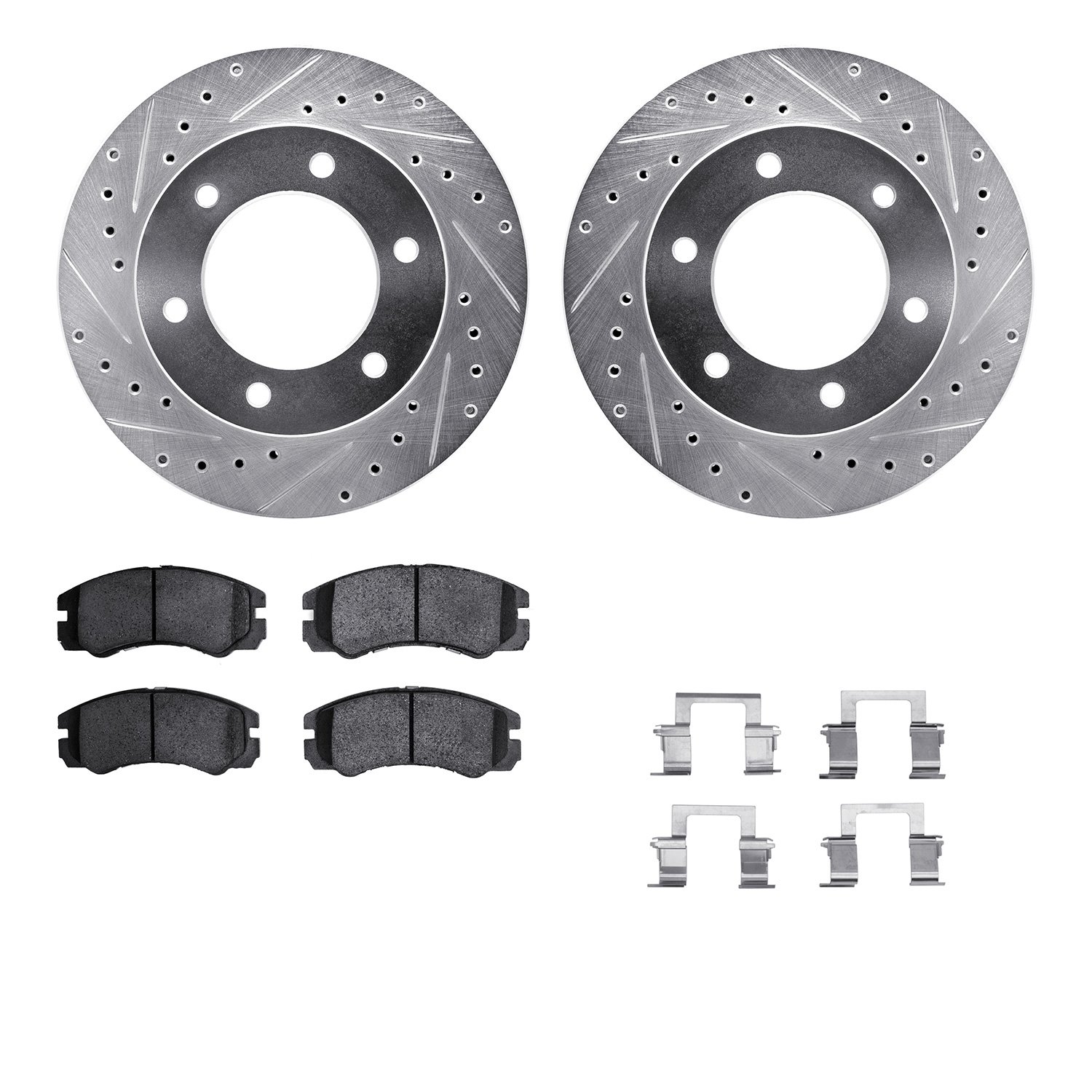 7512-37013 Drilled/Slotted Brake Rotors w/5000 Advanced Brake Pads Kit & Hardware [Silver], 2001-2001 GM, Position: Front