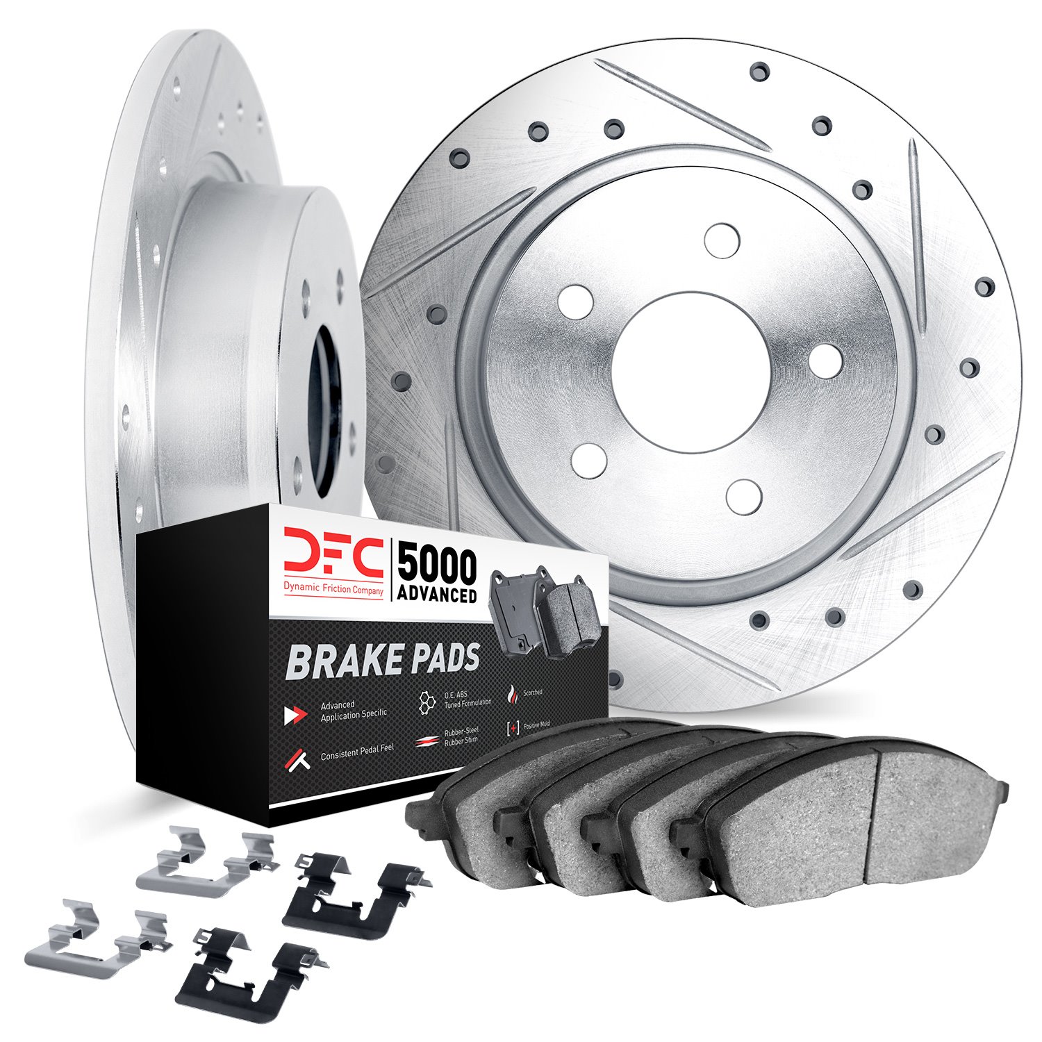 7512-39003 Drilled/Slotted Brake Rotors w/5000 Advanced Brake Pads Kit & Hardware [Silver], 1995-2007 Mopar, Position: Rear