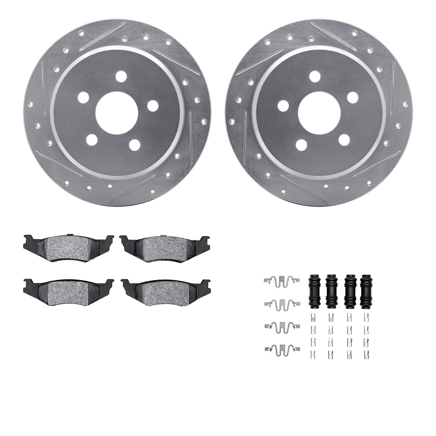 7512-39004 Drilled/Slotted Brake Rotors w/5000 Advanced Brake Pads Kit & Hardware [Silver], 2003-2010 Mopar, Position: Rear