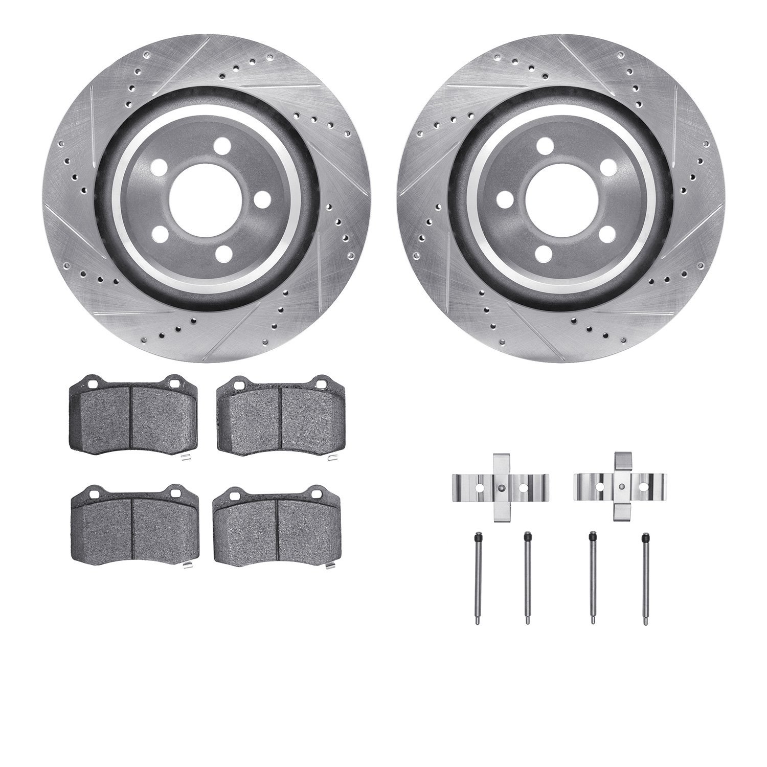 7512-39013 Drilled/Slotted Brake Rotors w/5000 Advanced Brake Pads Kit & Hardware [Silver], Fits Select Mopar, Position: Rear