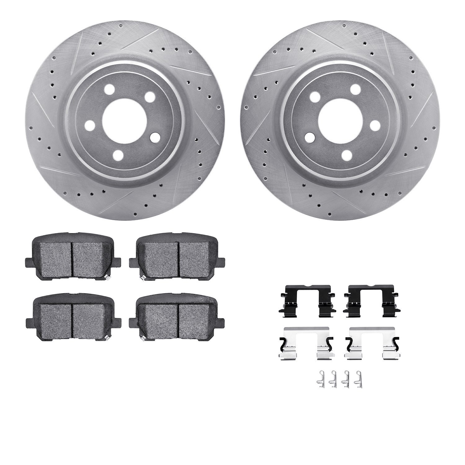 7512-39014 Drilled/Slotted Brake Rotors w/5000 Advanced Brake Pads Kit & Hardware [Silver], Fits Select Mopar, Position: Rear