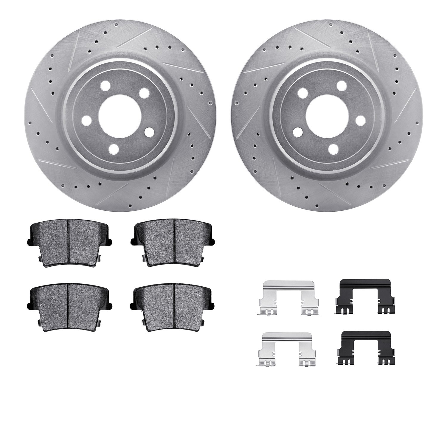 7512-39125 Drilled/Slotted Brake Rotors w/5000 Advanced Brake Pads Kit & Hardware [Silver], 2006-2014 Mopar, Position: Rear