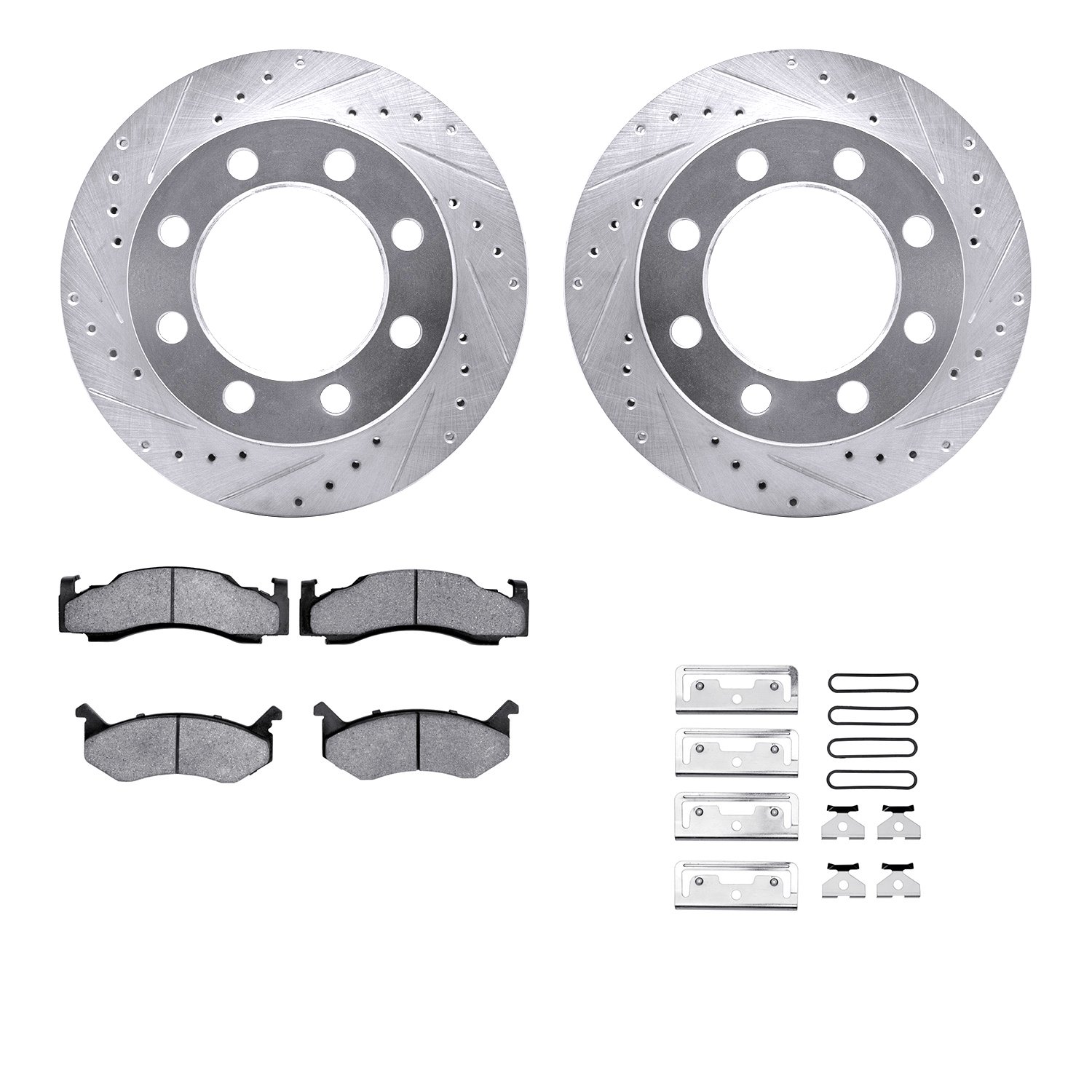 7512-40013 Drilled/Slotted Brake Rotors w/5000 Advanced Brake Pads Kit & Hardware [Silver], 1973-1997 Mopar, Position: Front