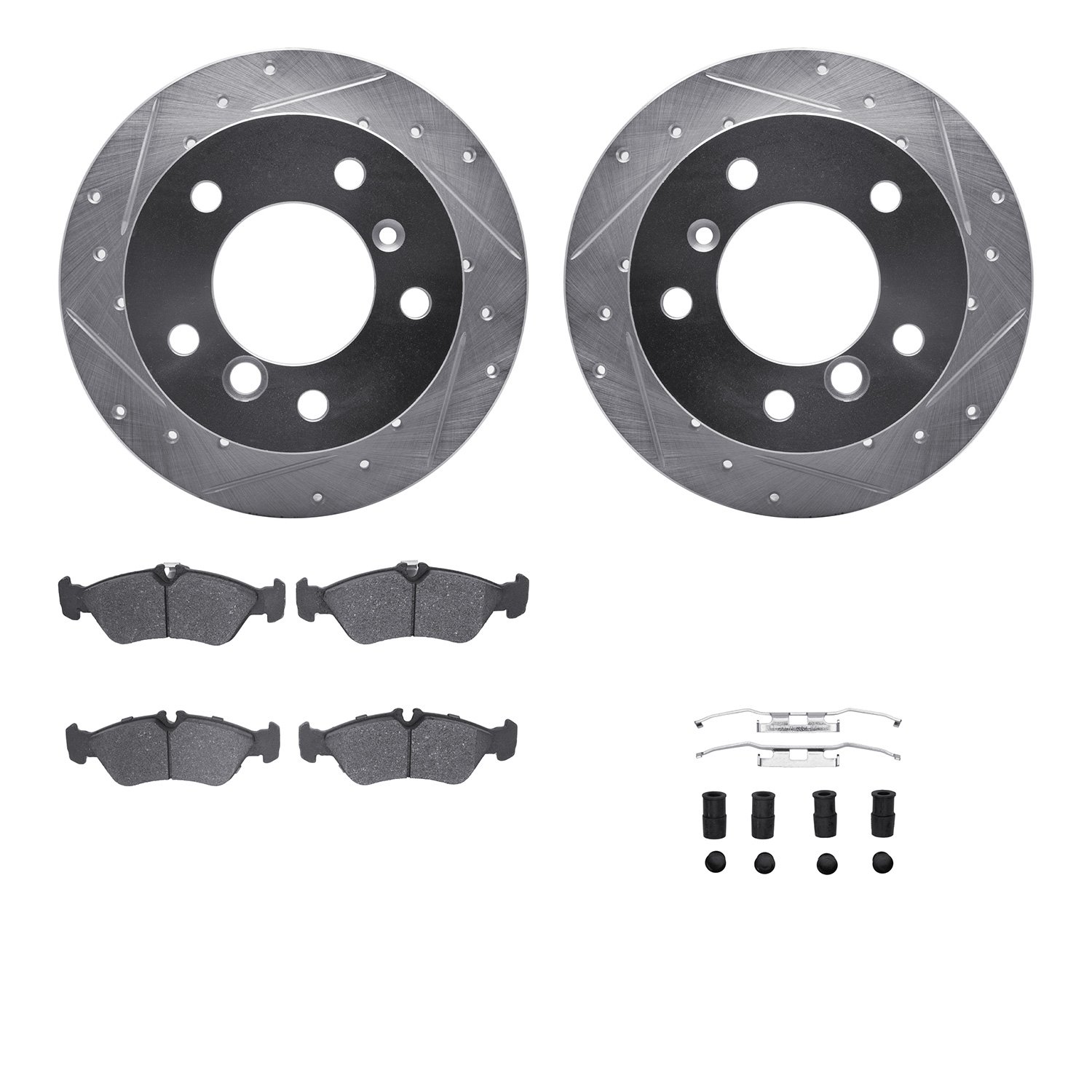 7512-40031 Drilled/Slotted Brake Rotors w/5000 Advanced Brake Pads Kit & Hardware [Silver], 2002-2006 Multiple Makes/Models, Pos