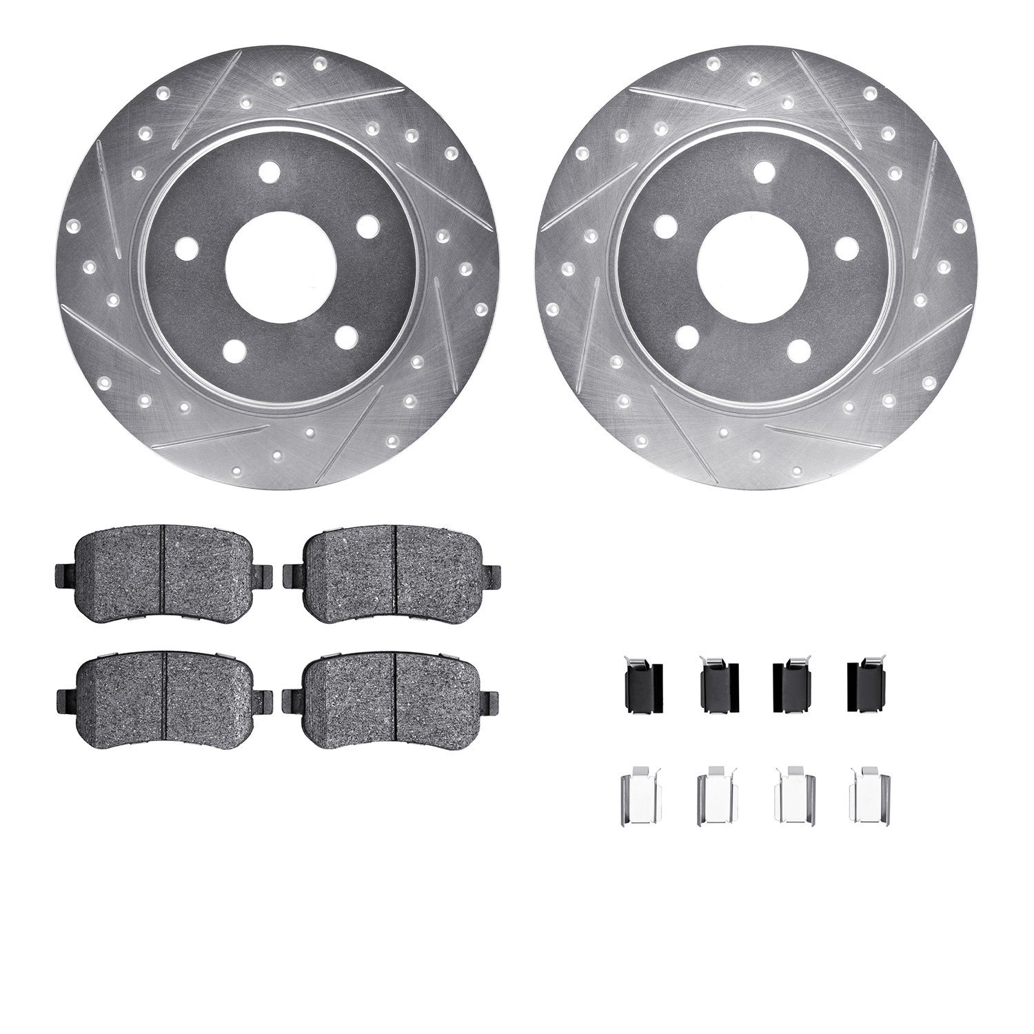 7512-40041 Drilled/Slotted Brake Rotors w/5000 Advanced Brake Pads Kit & Hardware [Silver], 2008-2012 Mopar, Position: Rear