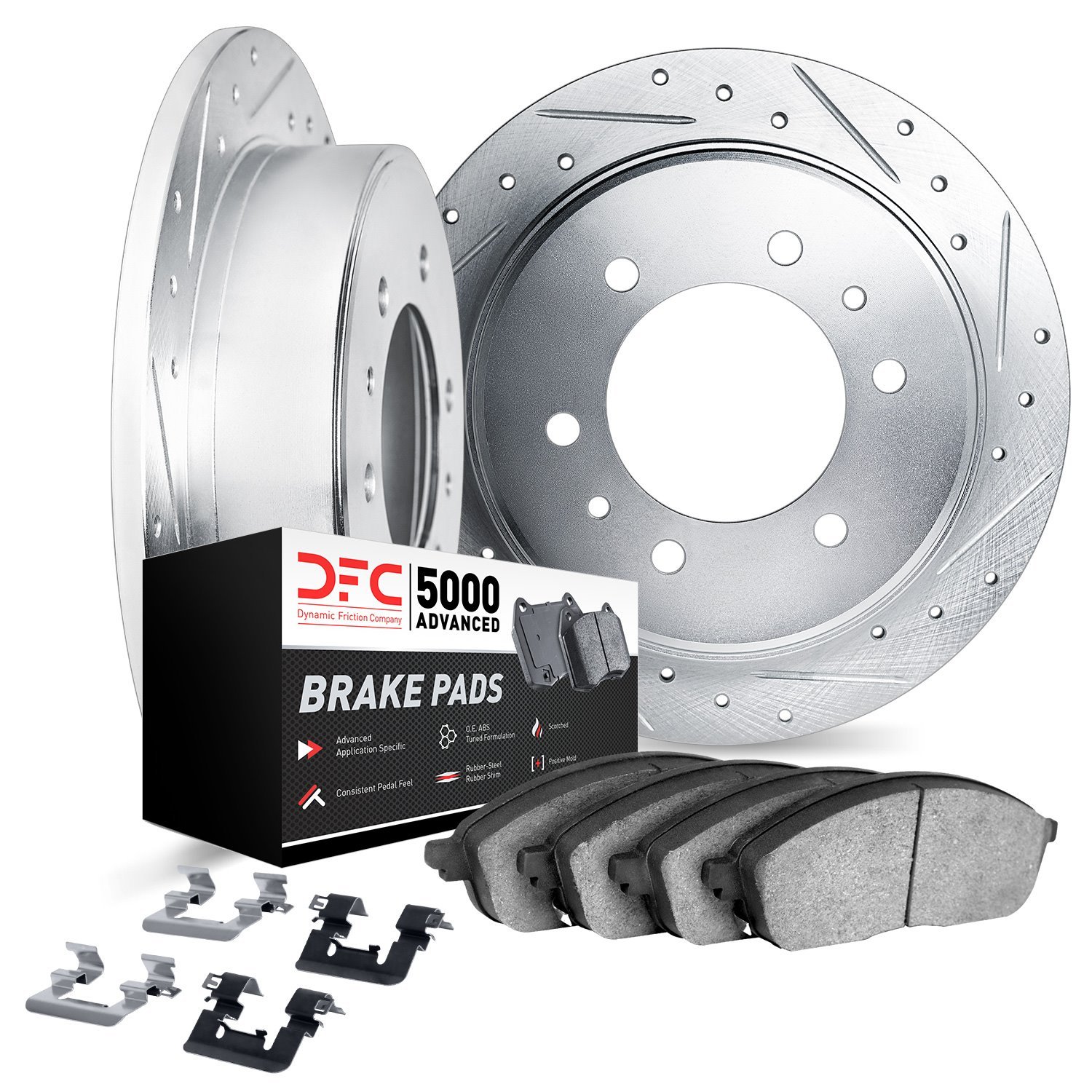 7512-40087 Drilled/Slotted Brake Rotors w/5000 Advanced Brake Pads Kit & Hardware [Silver], 2003-2004 Mopar, Position: Rear