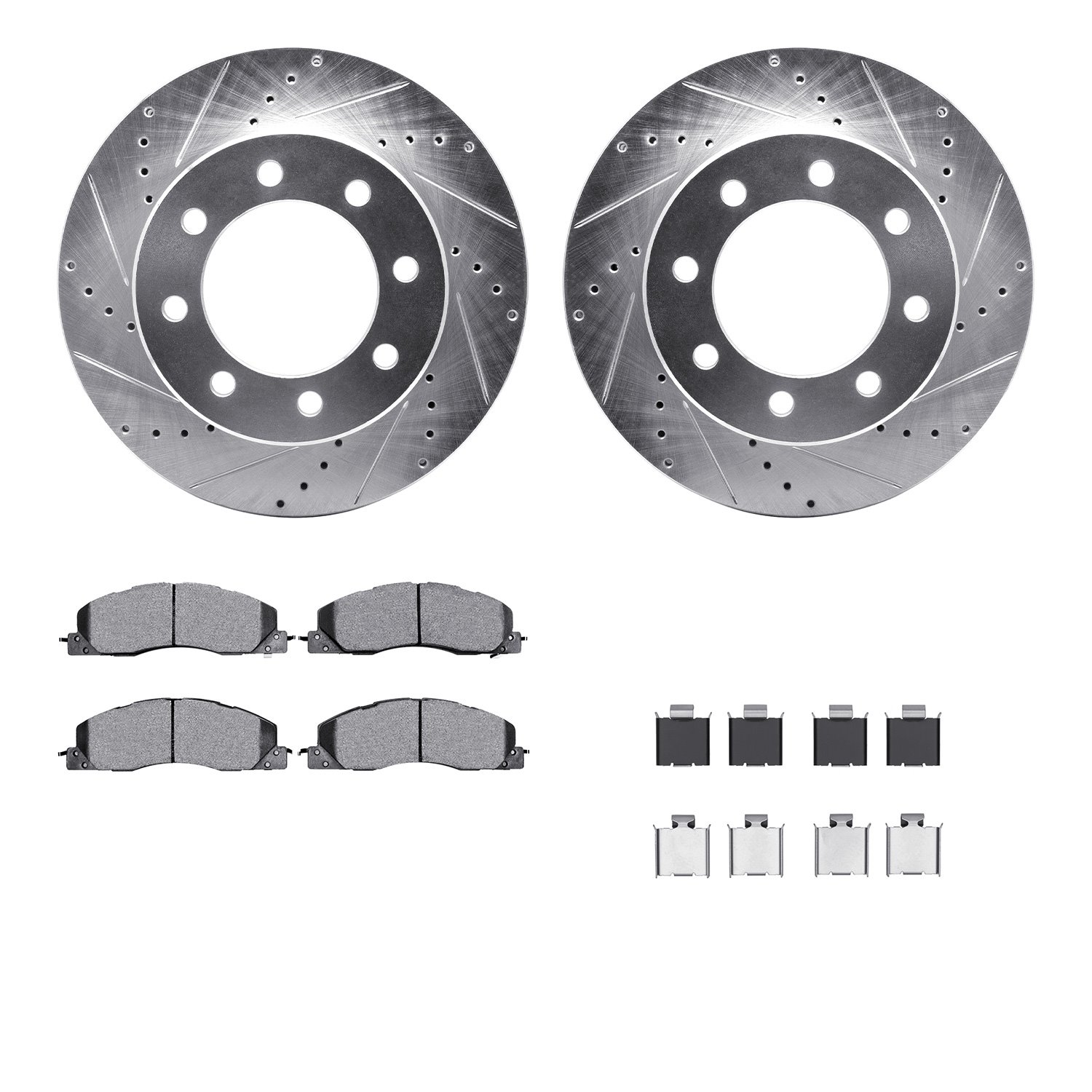 7512-40486 Drilled/Slotted Brake Rotors w/5000 Advanced Brake Pads Kit & Hardware [Silver], 2009-2018 Mopar, Position: Front