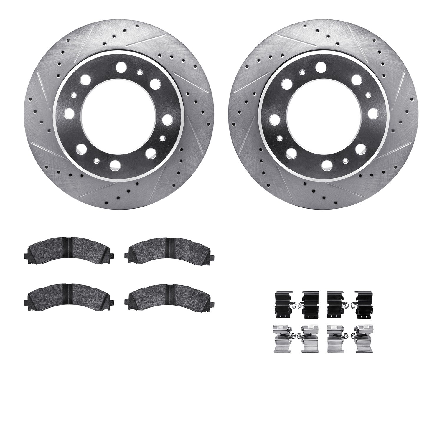 7512-40517 Drilled/Slotted Brake Rotors w/5000 Advanced Brake Pads Kit & Hardware [Silver], Fits Select Mopar, Position: Rear