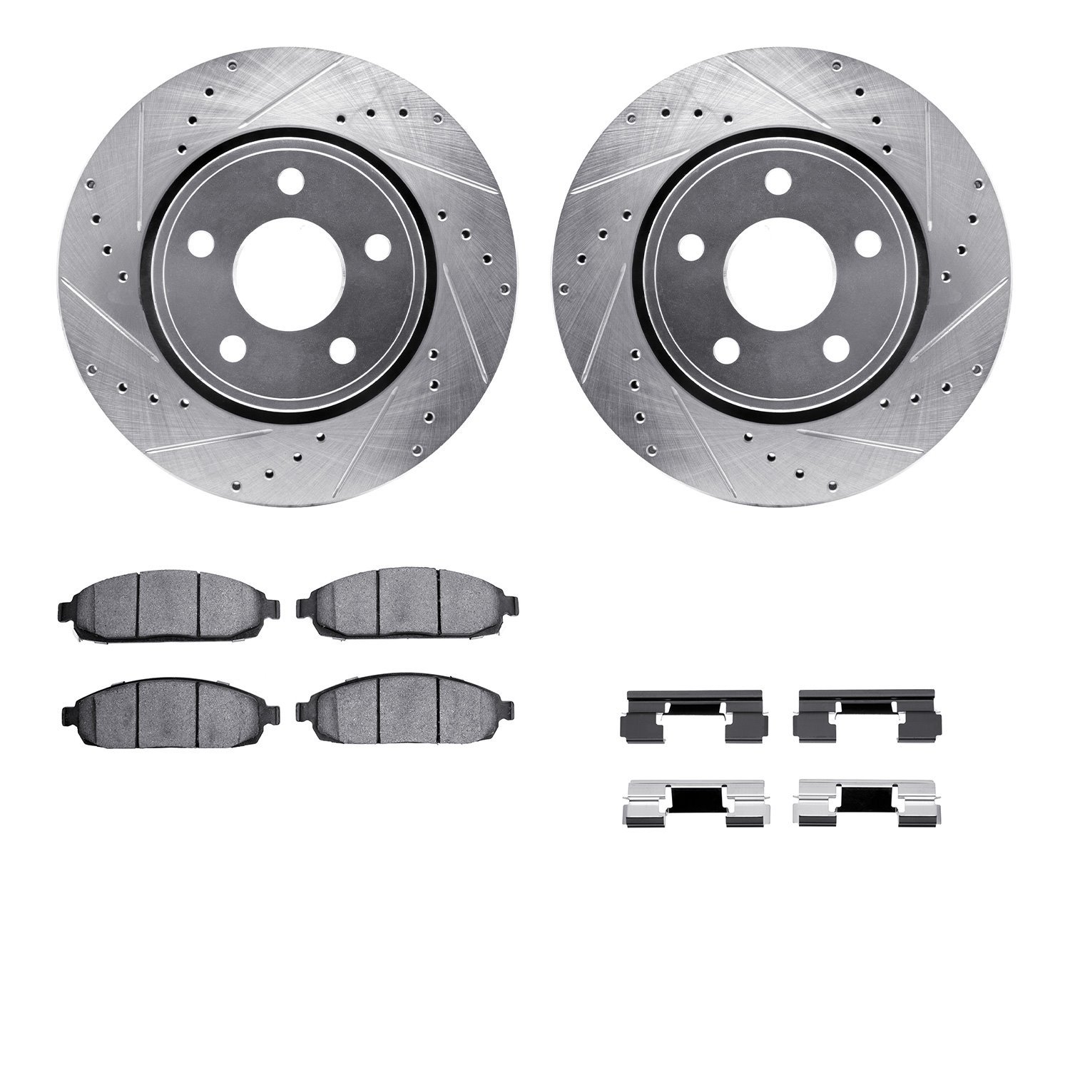 7512-42026 Drilled/Slotted Brake Rotors w/5000 Advanced Brake Pads Kit & Hardware [Silver], 2005-2010 Mopar, Position: Front