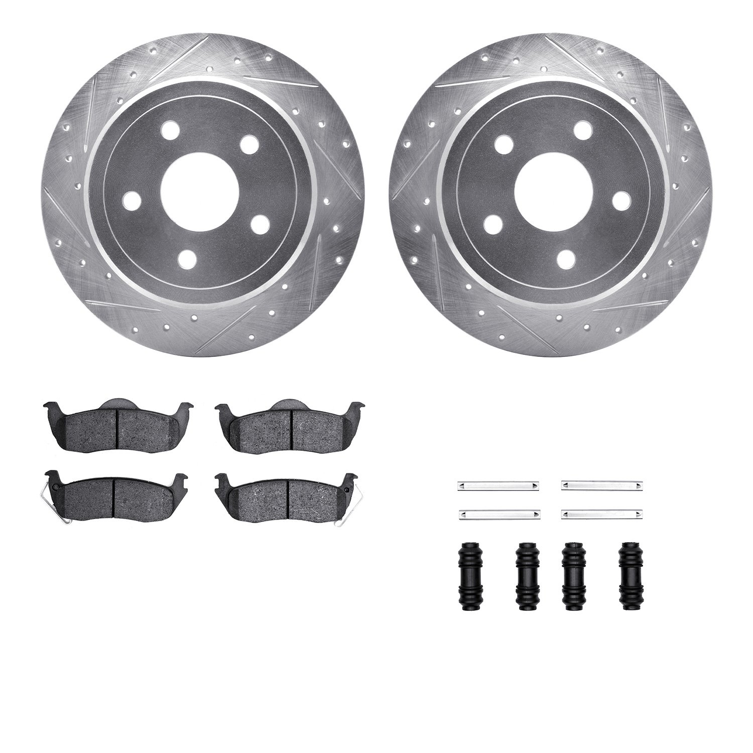 7512-42028 Drilled/Slotted Brake Rotors w/5000 Advanced Brake Pads Kit & Hardware [Silver], 2005-2010 Mopar, Position: Rear