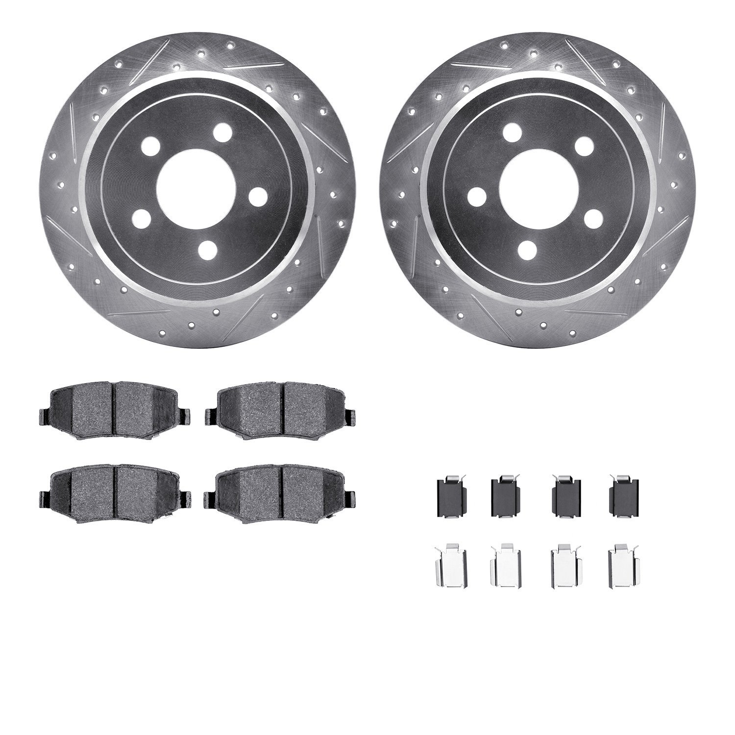 7512-42034 Drilled/Slotted Brake Rotors w/5000 Advanced Brake Pads Kit & Hardware [Silver], 2007-2012 Mopar, Position: Rear