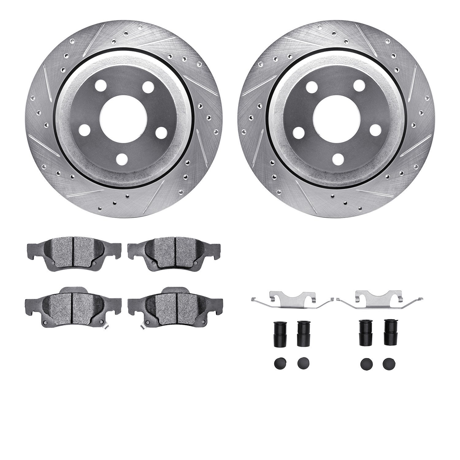 7512-42038 Drilled/Slotted Brake Rotors w/5000 Advanced Brake Pads Kit & Hardware [Silver], Fits Select Mopar, Position: Rear