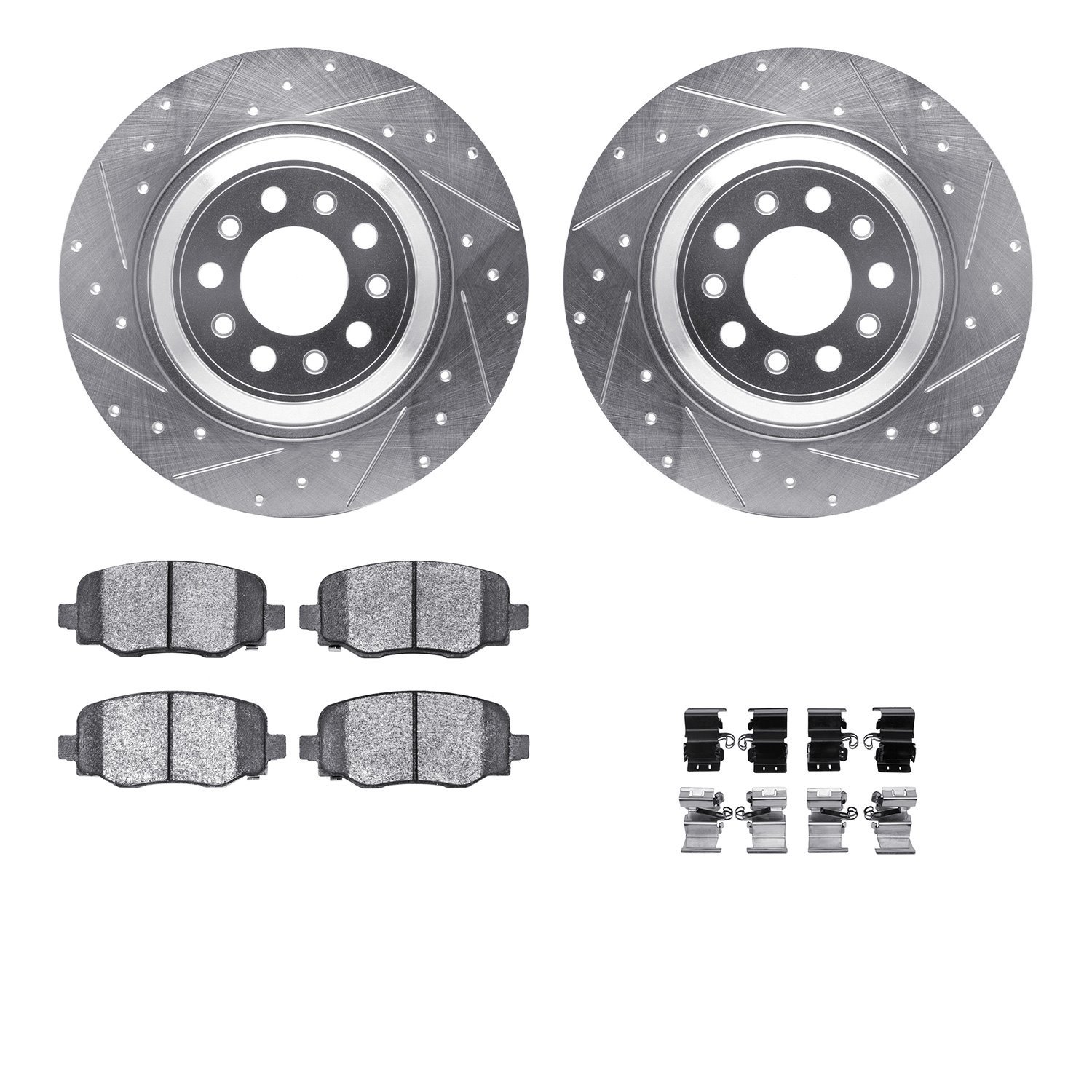 7512-42044 Drilled/Slotted Brake Rotors w/5000 Advanced Brake Pads Kit & Hardware [Silver], Fits Select Mopar, Position: Rear