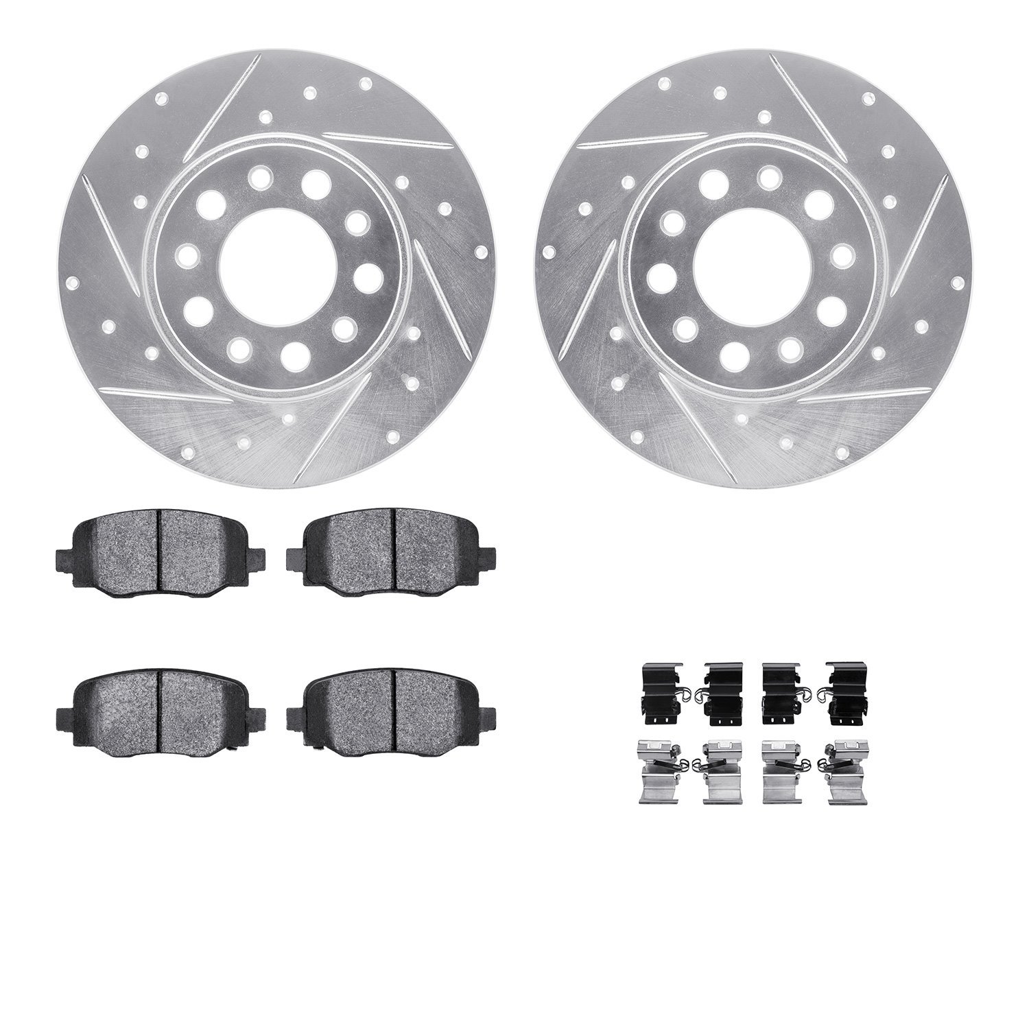 7512-42046 Drilled/Slotted Brake Rotors w/5000 Advanced Brake Pads Kit & Hardware [Silver], Fits Select Mopar, Position: Rear