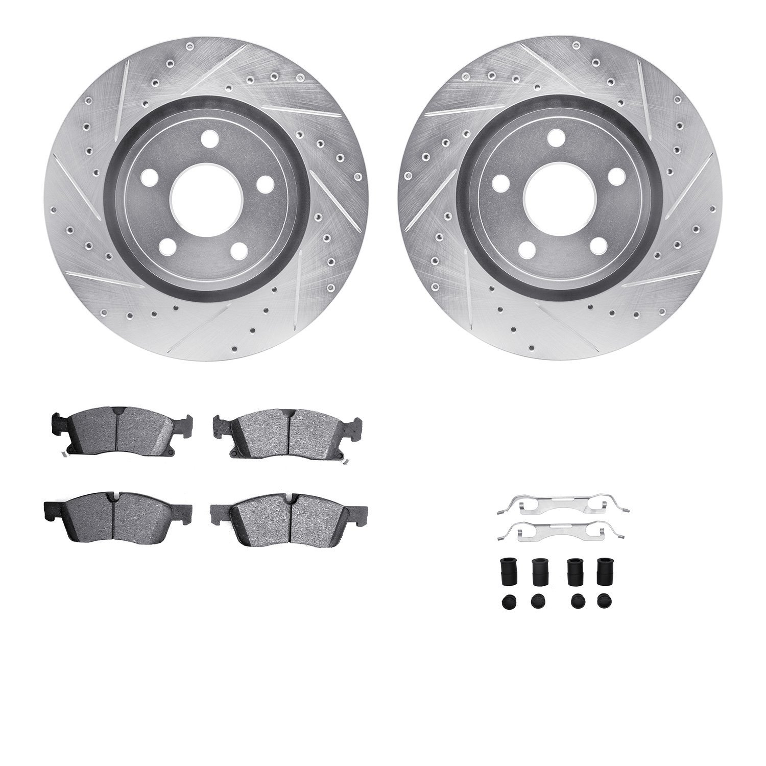 7512-42051 Drilled/Slotted Brake Rotors w/5000 Advanced Brake Pads Kit & Hardware [Silver], Fits Select Mopar, Position: Front