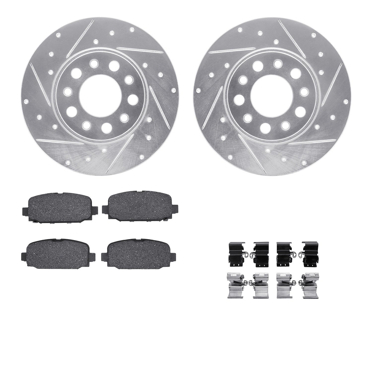 7512-42052 Drilled/Slotted Brake Rotors w/5000 Advanced Brake Pads Kit & Hardware [Silver], Fits Select Mopar, Position: Rear
