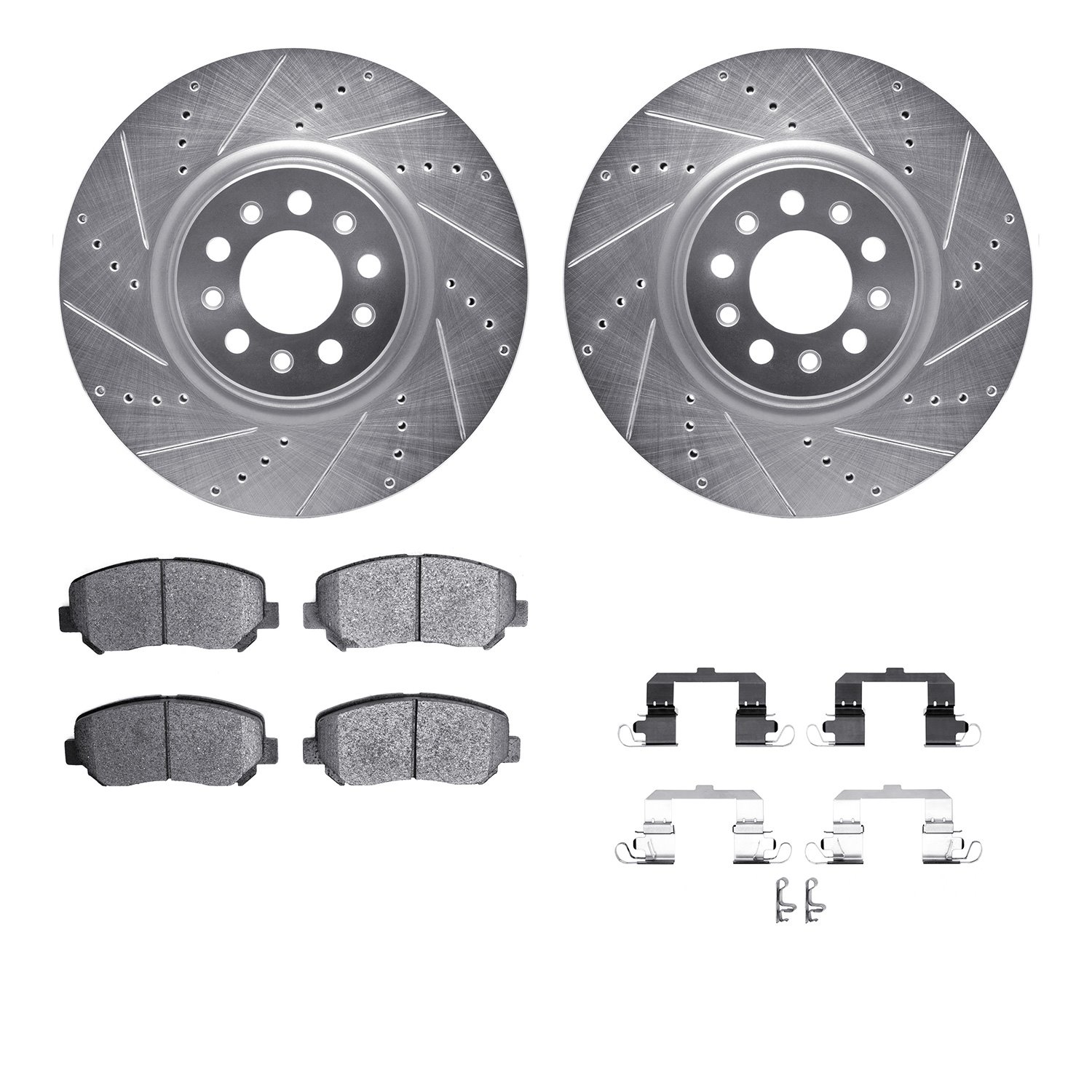 7512-42055 Drilled/Slotted Brake Rotors w/5000 Advanced Brake Pads Kit & Hardware [Silver], 2015-2015 Mopar, Position: Front
