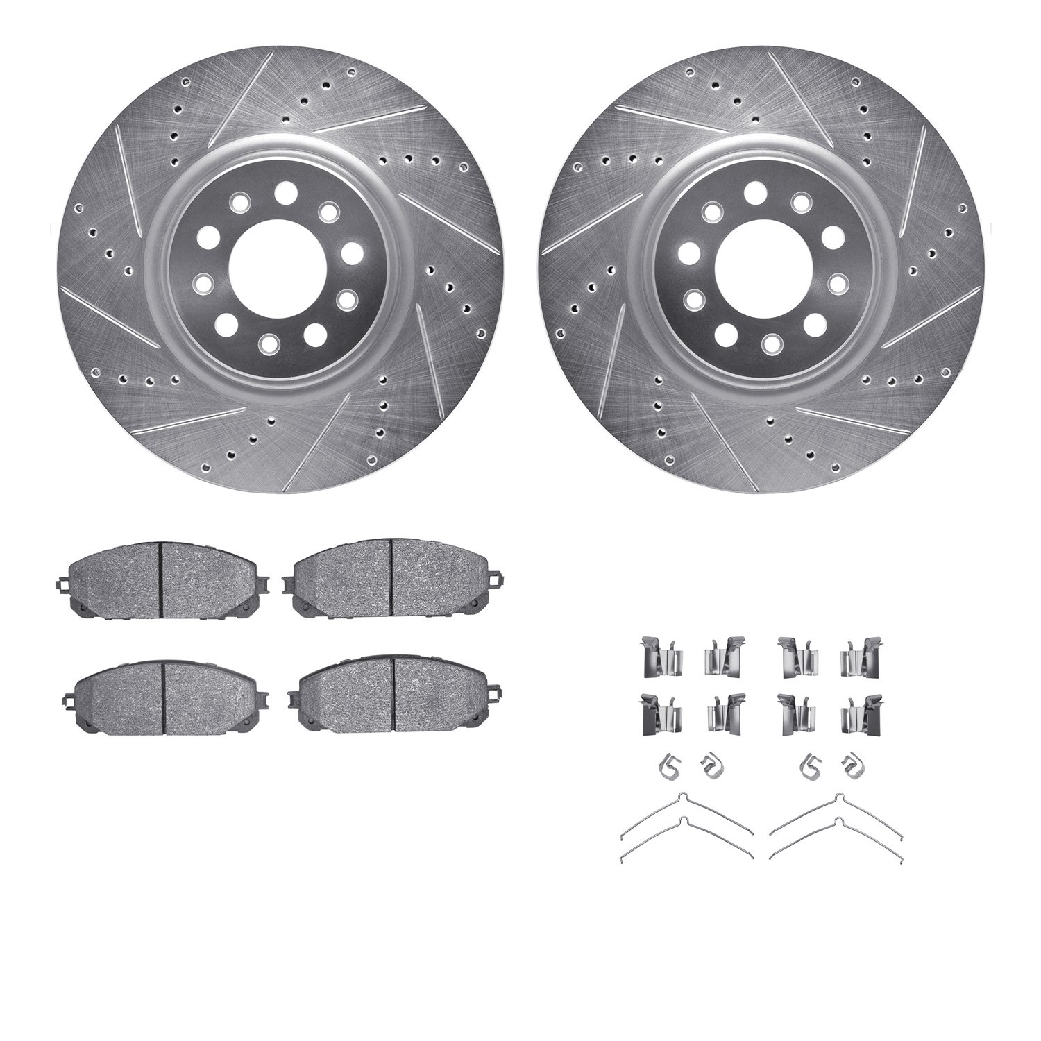 7512-42056 Drilled/Slotted Brake Rotors w/5000 Advanced Brake Pads Kit & Hardware [Silver], 2015-2021 Mopar, Position: Front